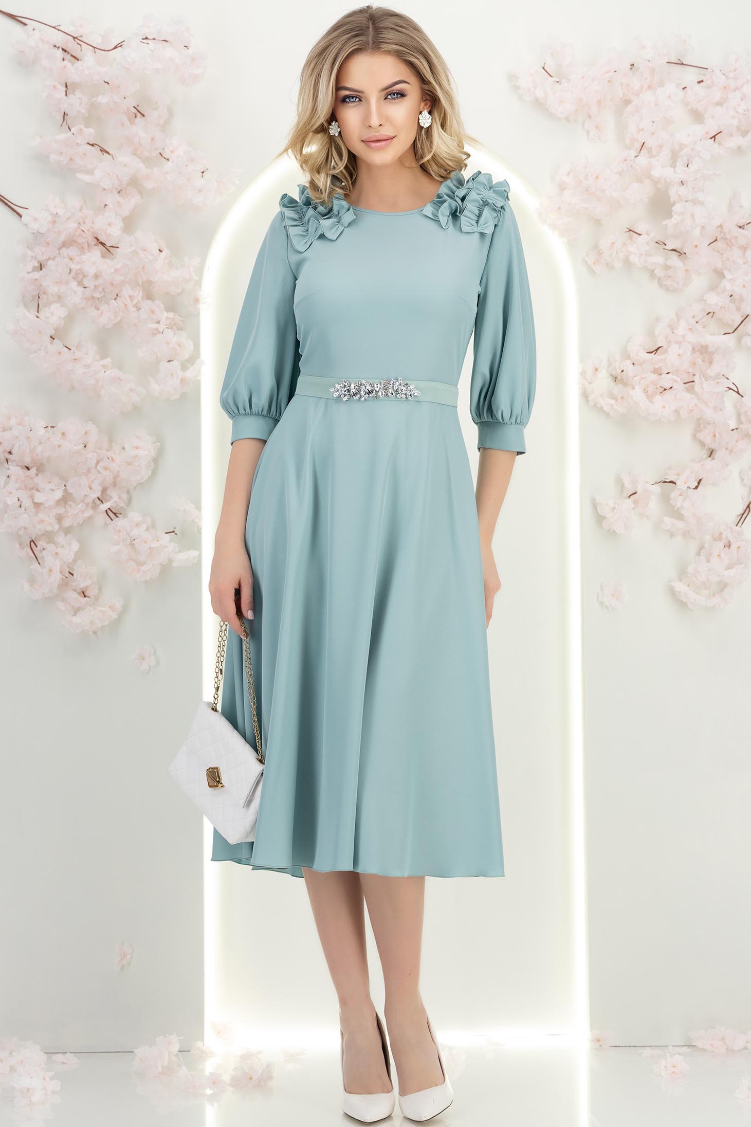 Rochie din material fluid mint midi in clos cu volanase - StarShinerS 4 - StarShinerS.ro