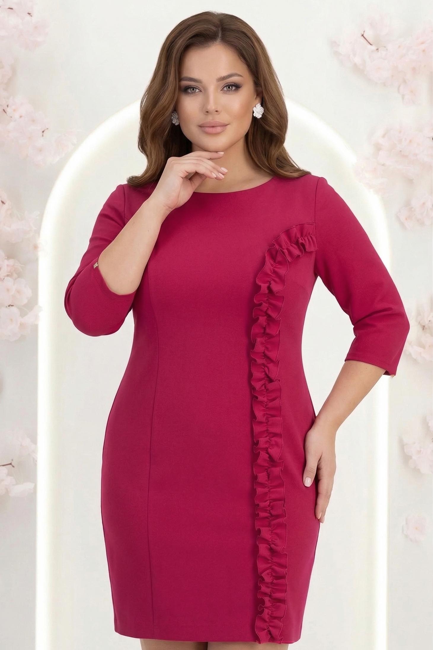 Rochie din stofa zmeura scurta tip creion cu volanase - StarShinerS 1 - StarShinerS.ro