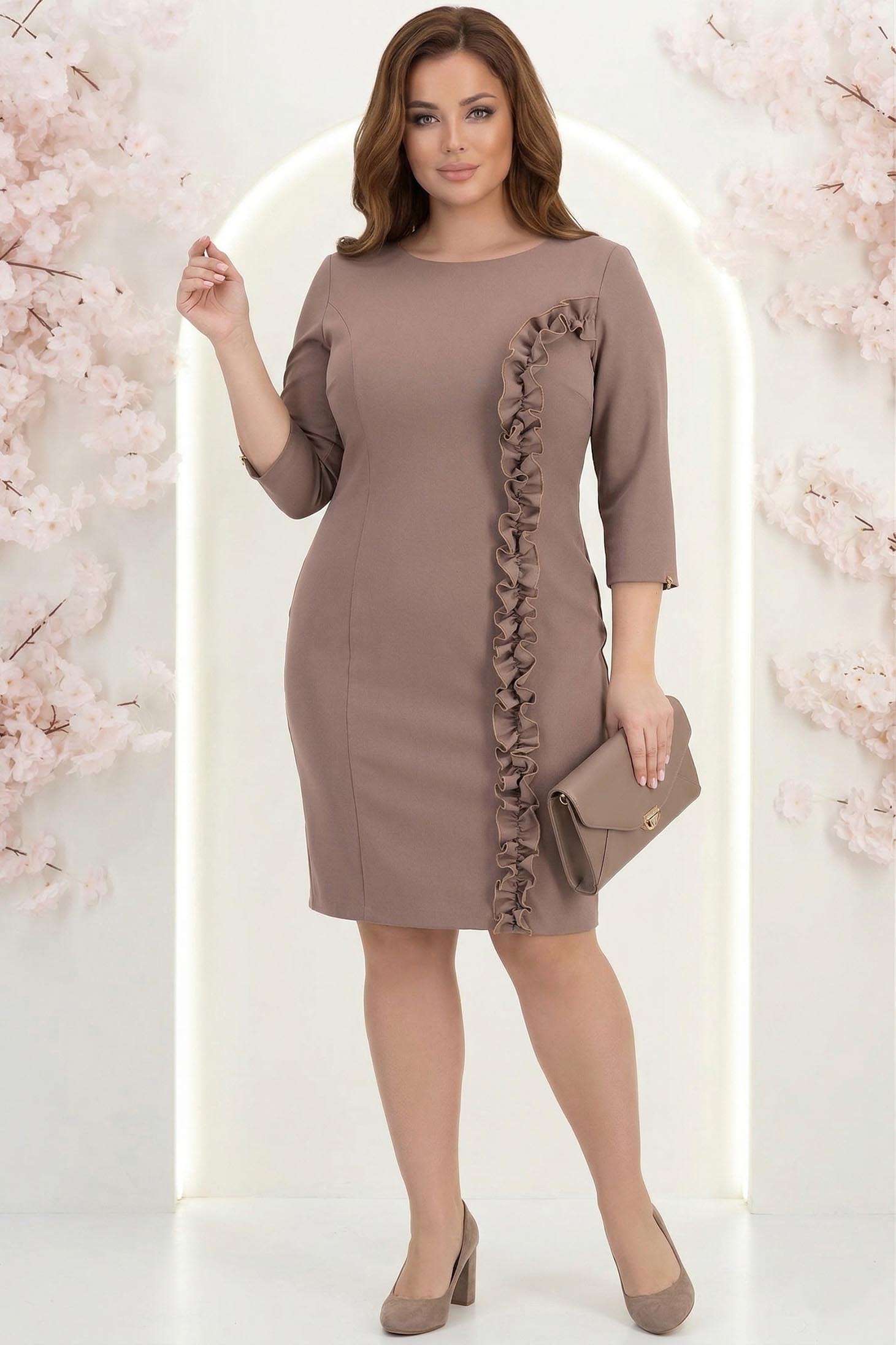 Rochie din stofa mocha scurta tip creion cu volanase - StarShinerS 2 - StarShinerS.ro