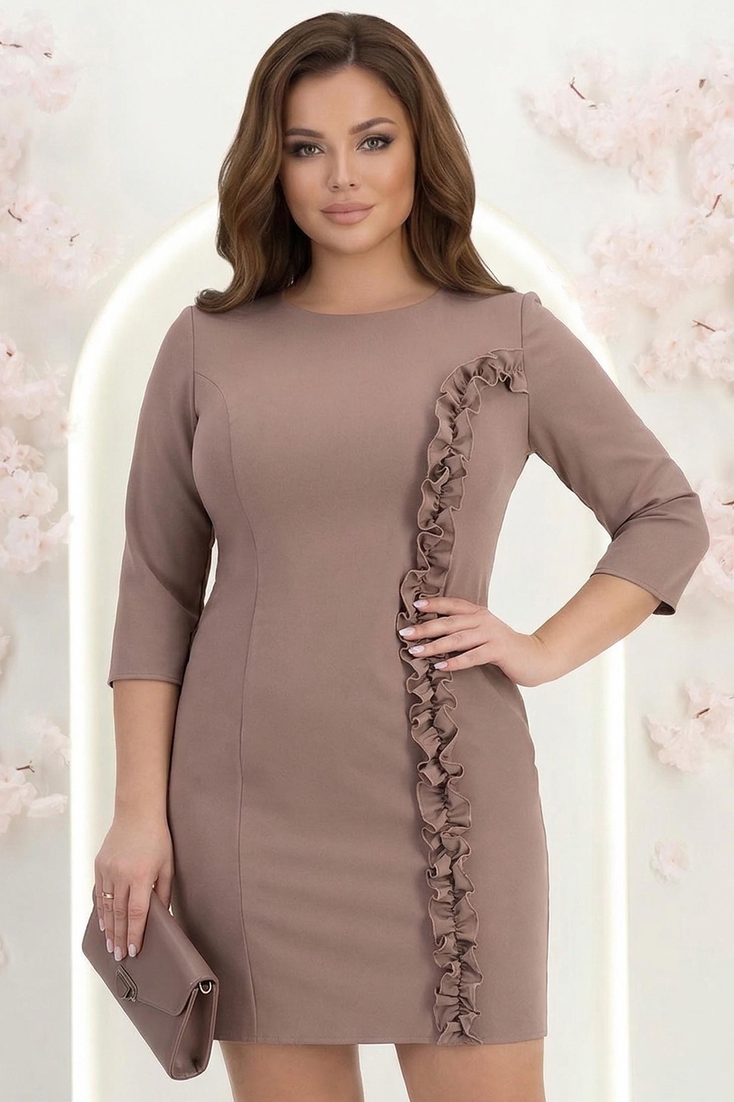 Rochie din stofa mocha scurta tip creion cu volanase - StarShinerS 1 - StarShinerS.ro
