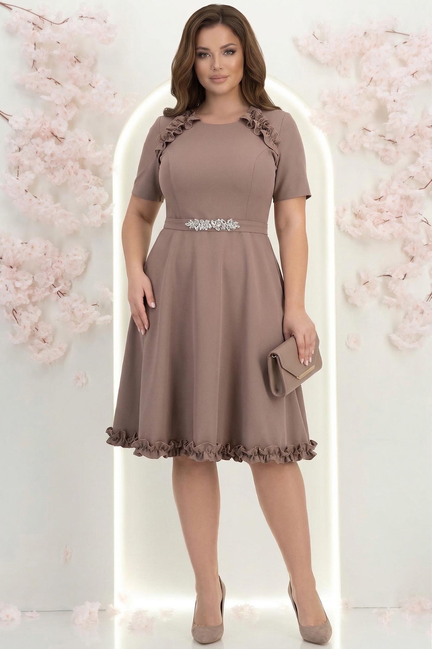 Rochie din stofa mocha până la genunchi in clos cu volanase - StarShinerS 2 - StarShinerS.ro