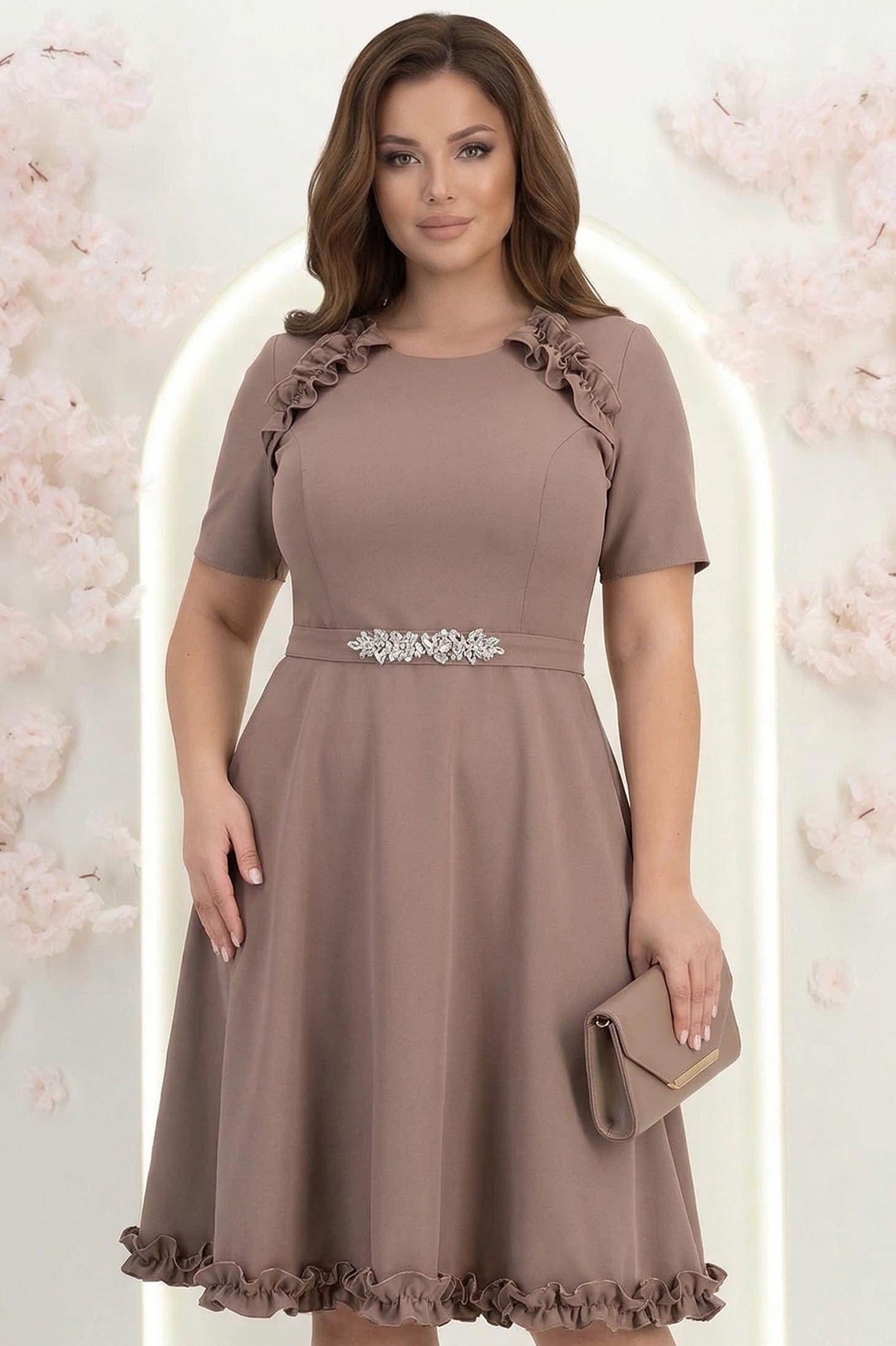 Rochie din stofa mocha până la genunchi in clos cu volanase - StarShinerS 1 - StarShinerS.ro