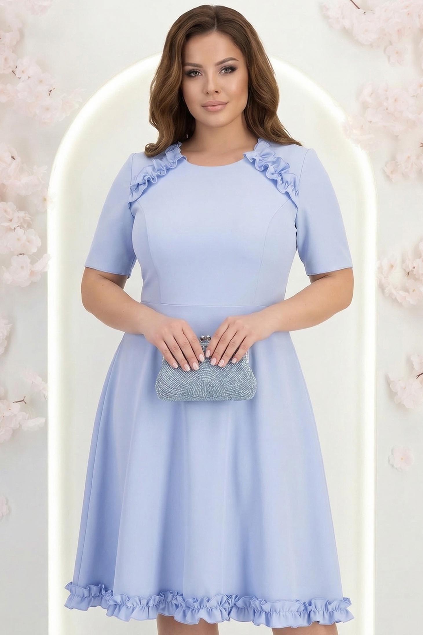 Rochie din stofa albastra-deschis până la genunchi in clos cu volanase - StarShinerS 2 - StarShinerS.ro