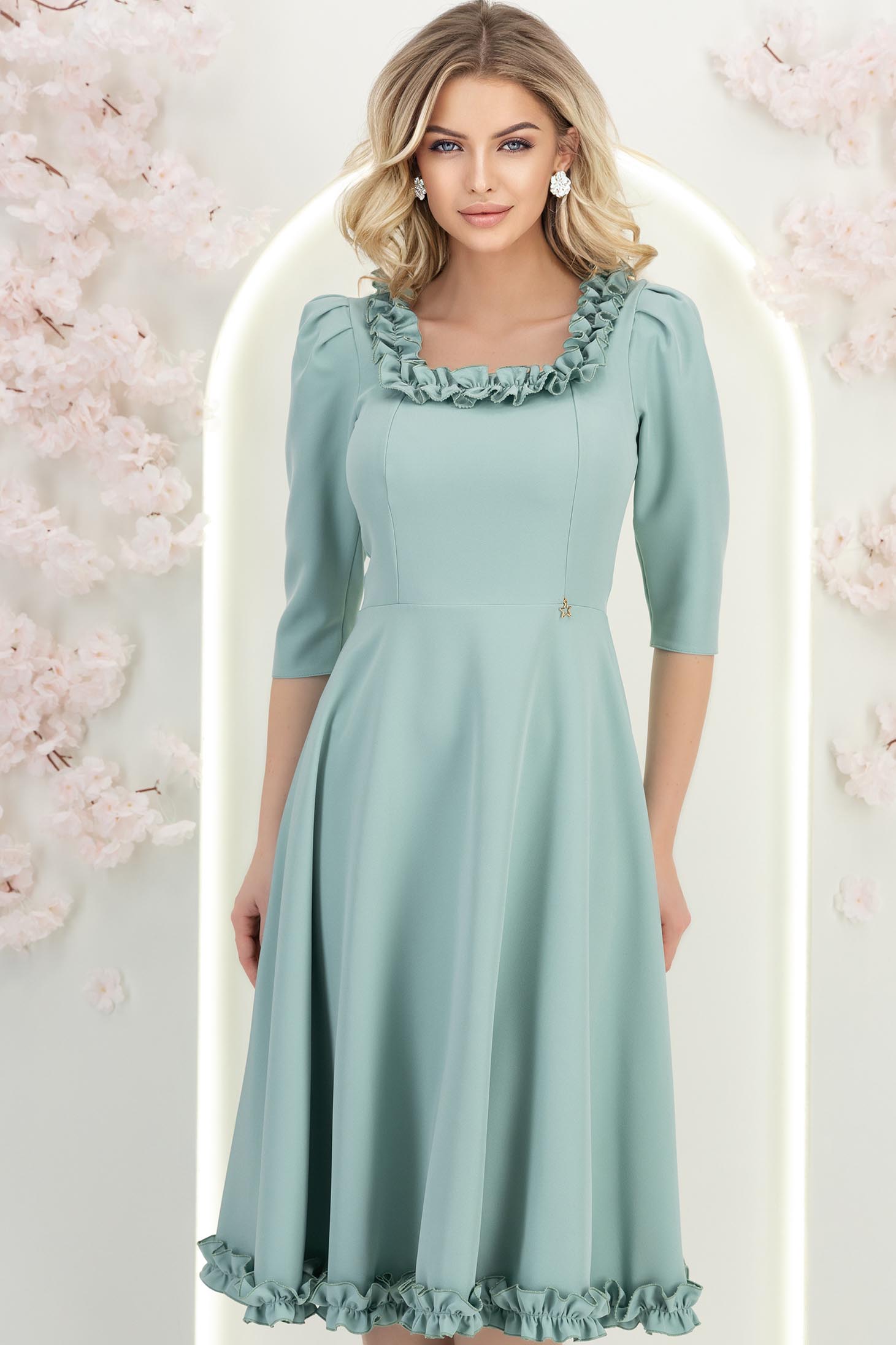 Mentazöld ruha - StarShinerS harang midi rugalmas szövet 3 - StarShinerS.hu