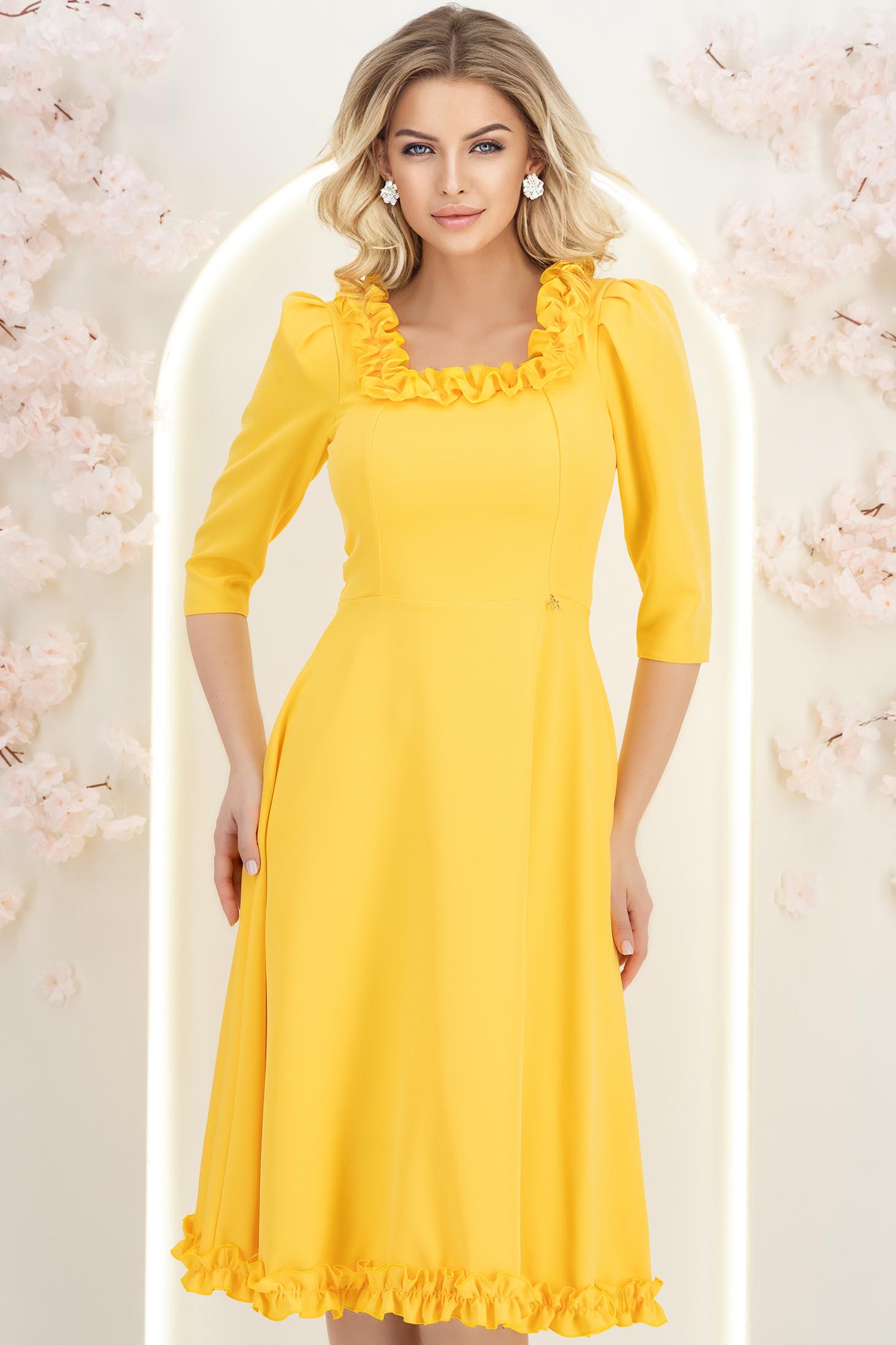 Rochie din stofa galbena midi in clos cu volanase - StarShinerS 4 - StarShinerS.ro