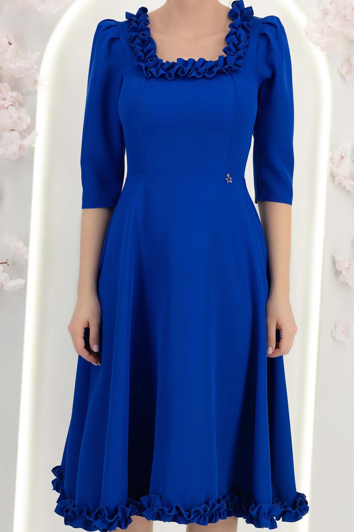 Rochie din stofa albastra midi in clos cu volanase - StarShinerS 6 - StarShinerS.ro