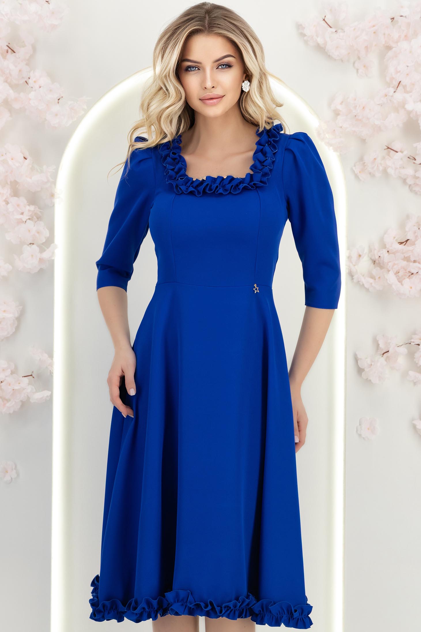 Rochie din stofa albastra midi in clos cu volanase - StarShinerS 3 - StarShinerS.ro