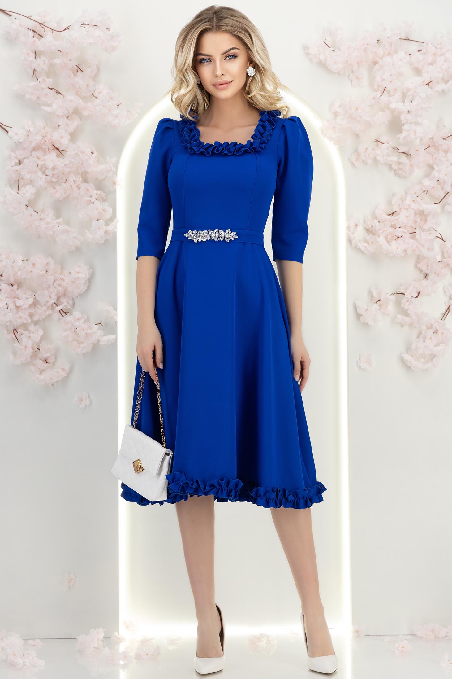 Rochie din stofa albastra midi in clos cu volanase - StarShinerS 4 - StarShinerS.ro