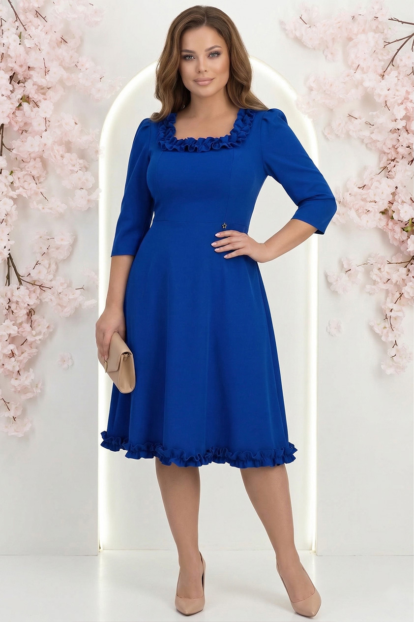Rochie din stofa albastra midi in clos cu volanase - StarShinerS 1 - StarShinerS.ro