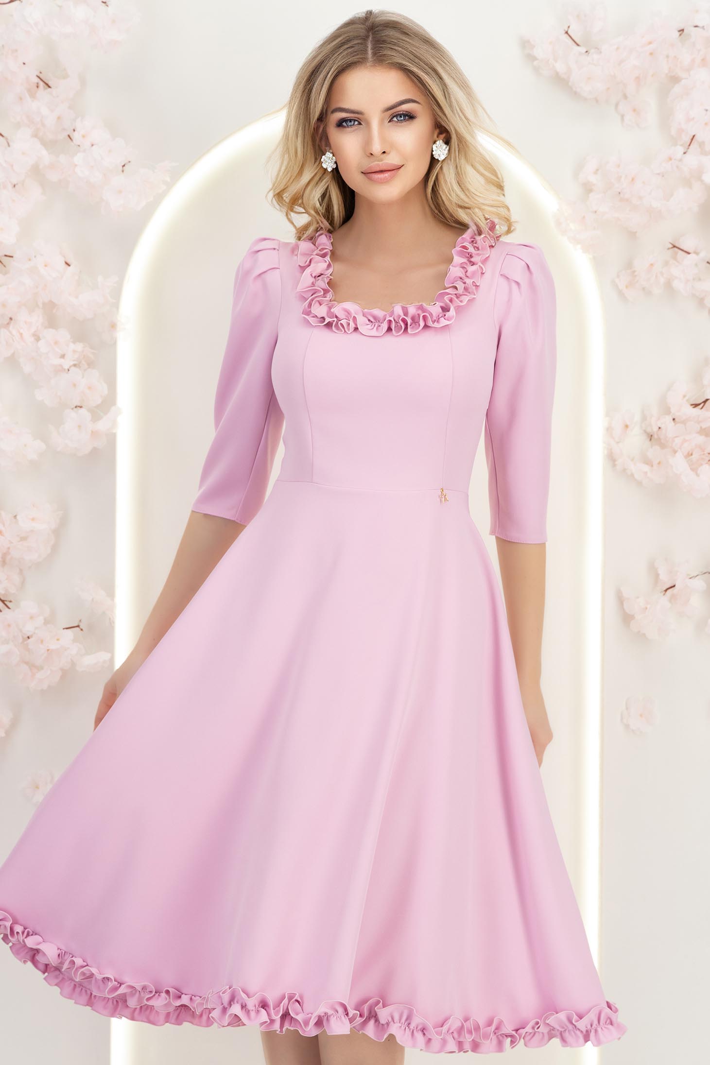 StarShinerS růžový prášek šaty zvonový skleník přes koleno elastická látka 2 - StarShinerS.cz