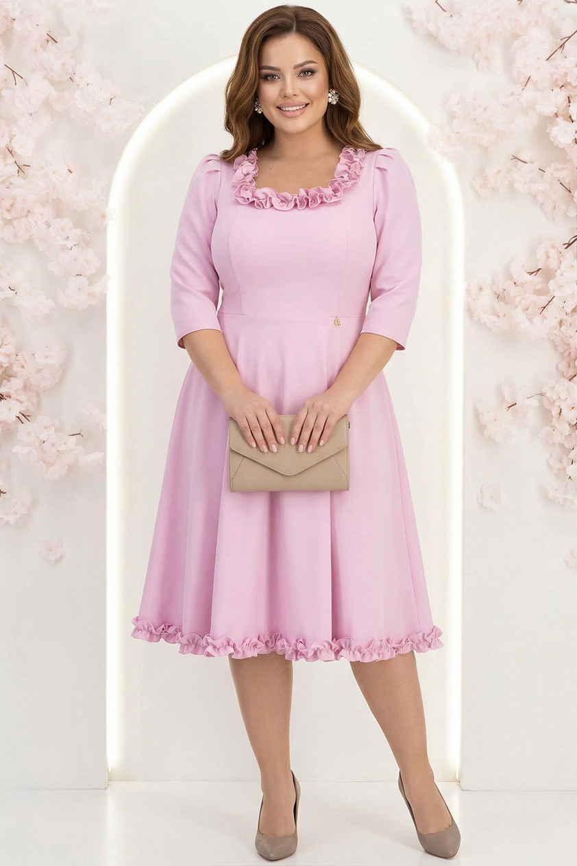 Rochie din stofa roz-deschis midi in clos cu volanase - StarShinerS 1 - StarShinerS.ro
