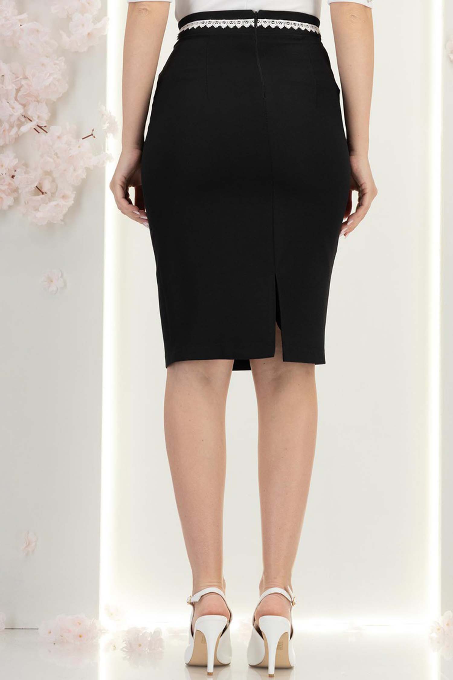 Fusta din stofa neagra până la genunchi tip creion cu dantela in talie- StarShinerS 5 - StarShinerS.ro