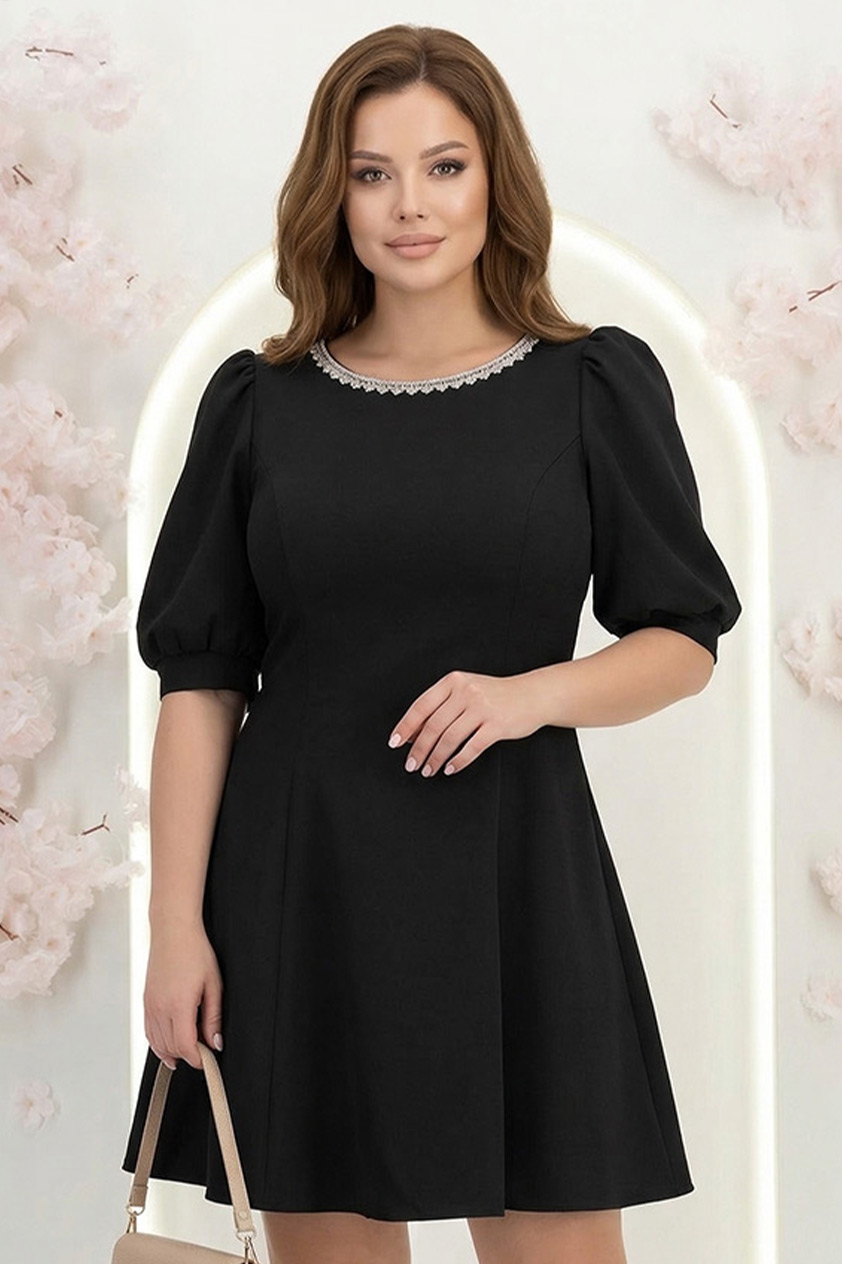 Rochie din stofa elastica neagra scurta in clos cu maneci bufante si dantela - StarShinerS 1 - StarShinerS.ro