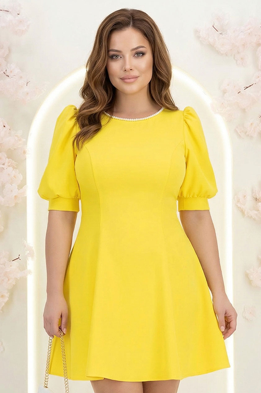 Rochie din stofa elastica galbena scurta in clos cu maneci bufante si dantela - StarShinerS 1 - StarShinerS.ro
