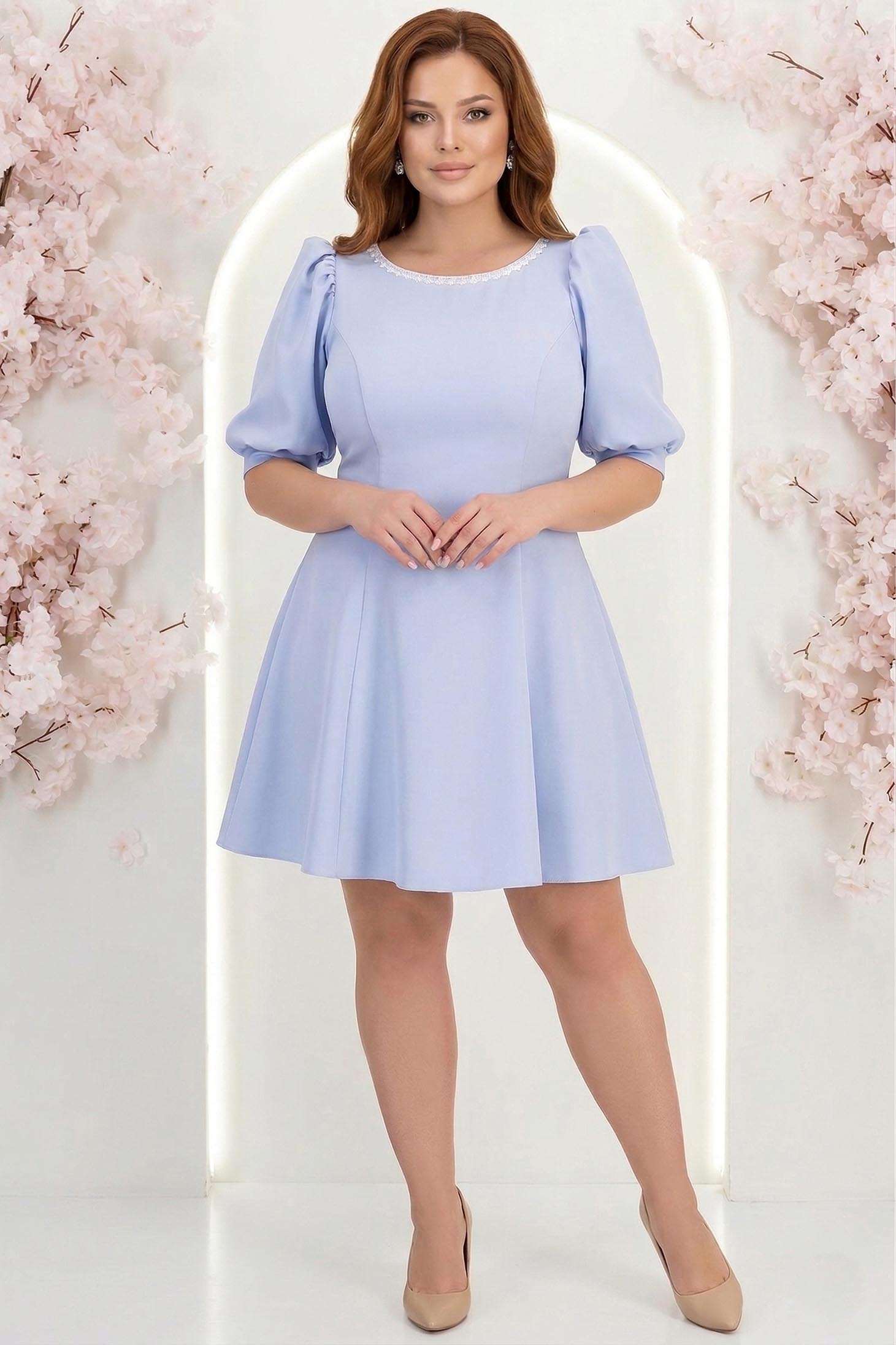 Rochie din stofa elastica albastra-deschis scurta in clos cu maneci bufante si dantela - StarShinerS 1 - StarShinerS.ro