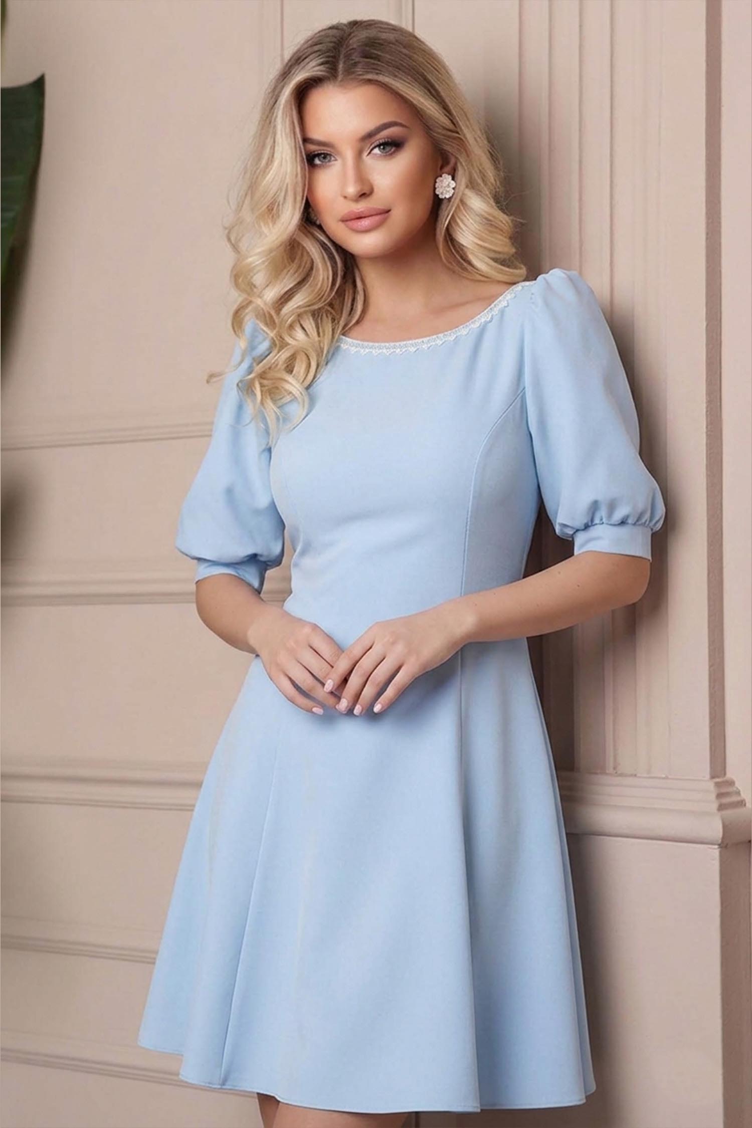 Rochie din stofa elastica albastra-deschis scurta in clos cu maneci bufante si dantela - StarShinerS 4 - StarShinerS.ro