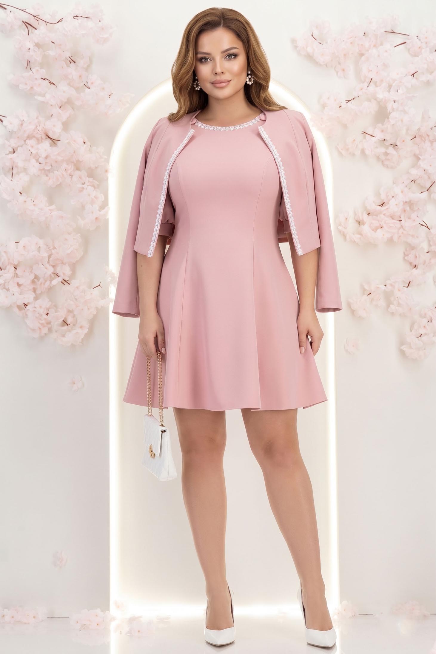 Rochie din stofa elastica roz pudra scurta in clos cu maneci bufante si dantela - StarShinerS 2 - StarShinerS.ro