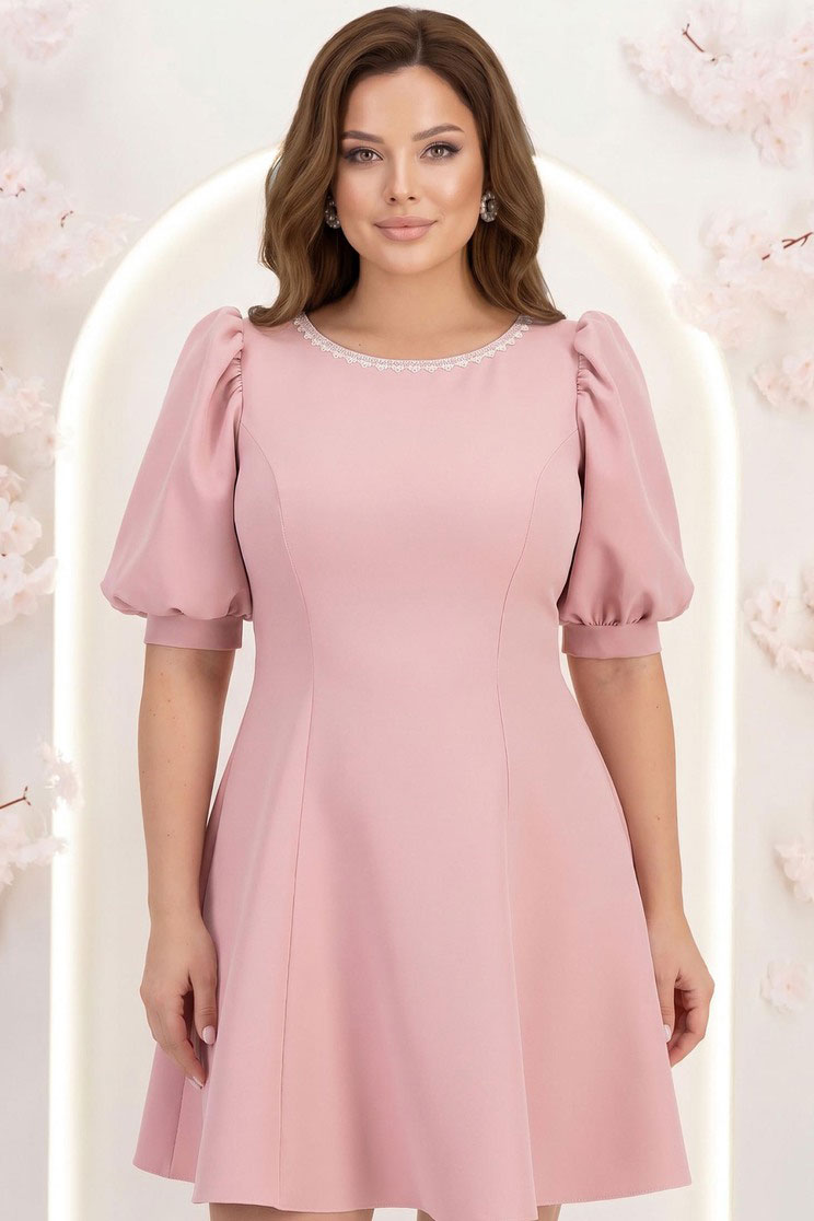 Rochie din stofa elastica roz pudra scurta in clos cu maneci bufante si dantela - StarShinerS 1 - StarShinerS.ro