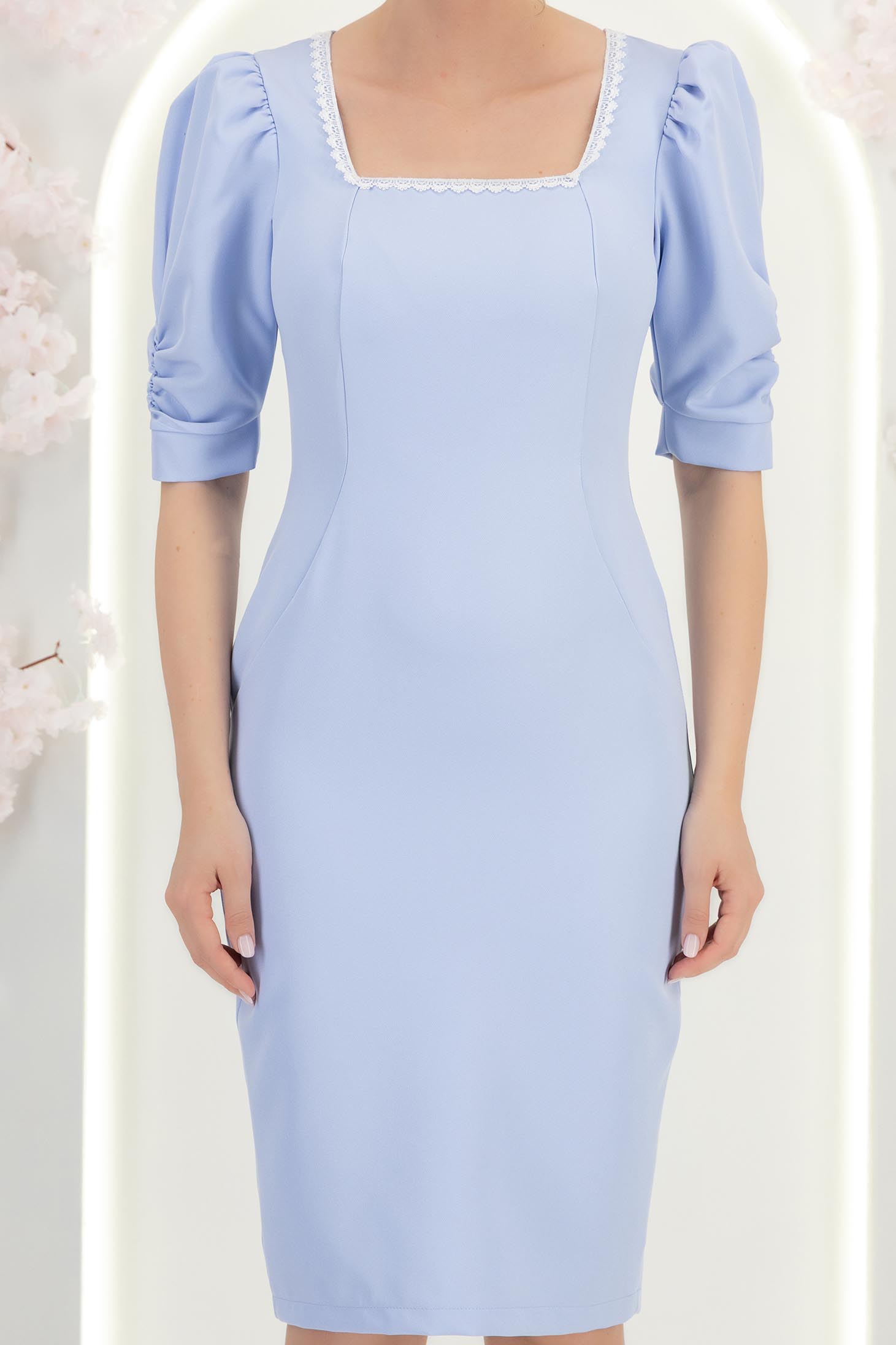 Rochie albastra-deschis midi tip creion cu umeri bufanti - StarShinerS 6 - StarShinerS.ro
