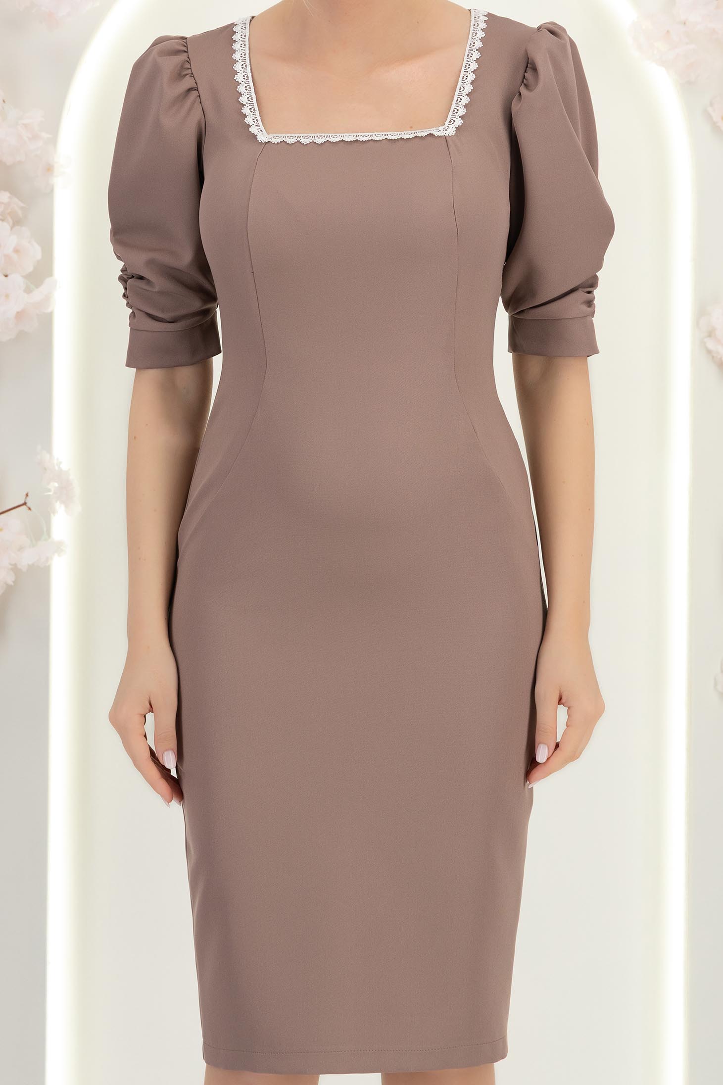 Rochie mocha midi tip creion cu umeri bufanti - StarShinerS 5 - StarShinerS.ro