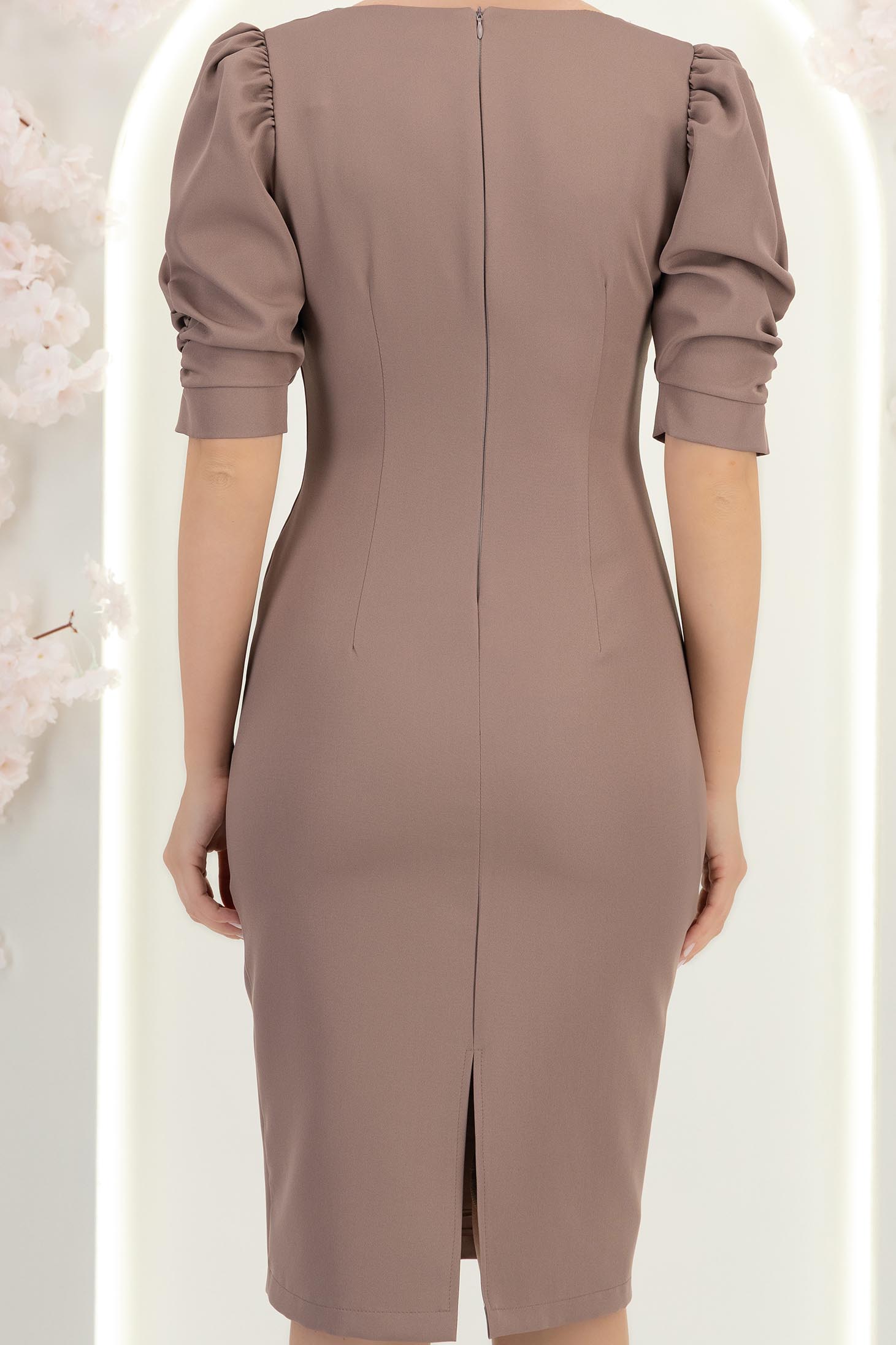 Rochie mocha midi tip creion cu umeri bufanti - StarShinerS 6 - StarShinerS.ro