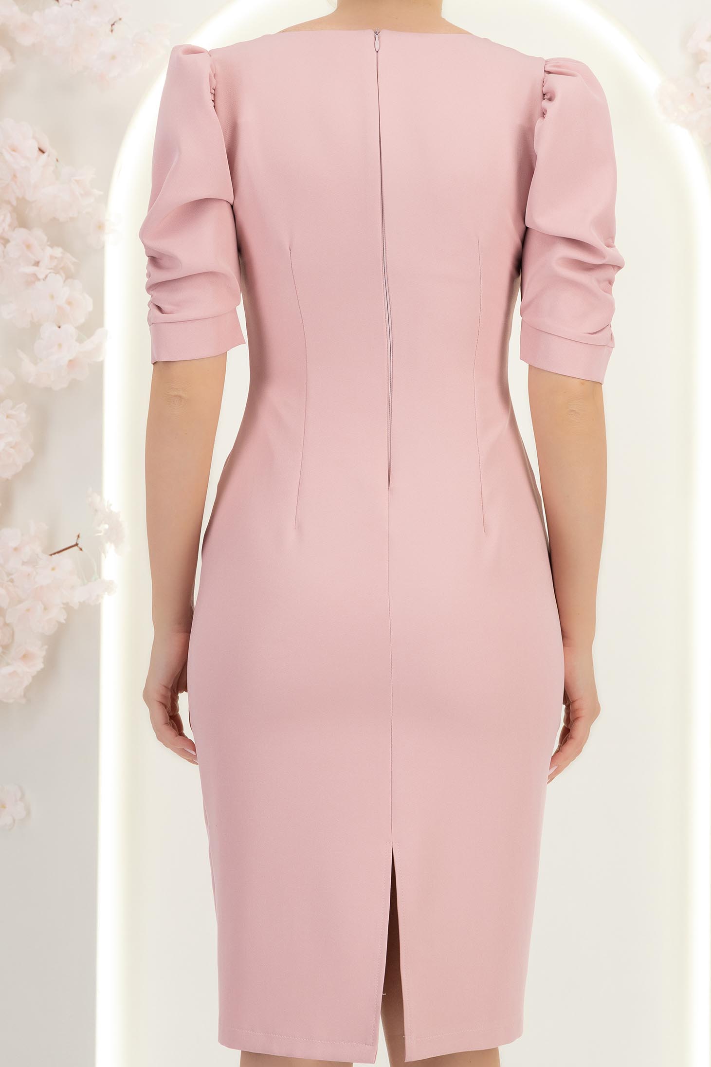 Rochie roz pudra midi tip creion cu umeri bufanti - StarShinerS 7 - StarShinerS.ro
