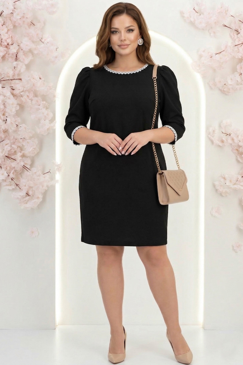 Rochie din stofa neagra scurta cu croi larg si aplicatii de dantela- StarShinerS 1 - StarShinerS.ro