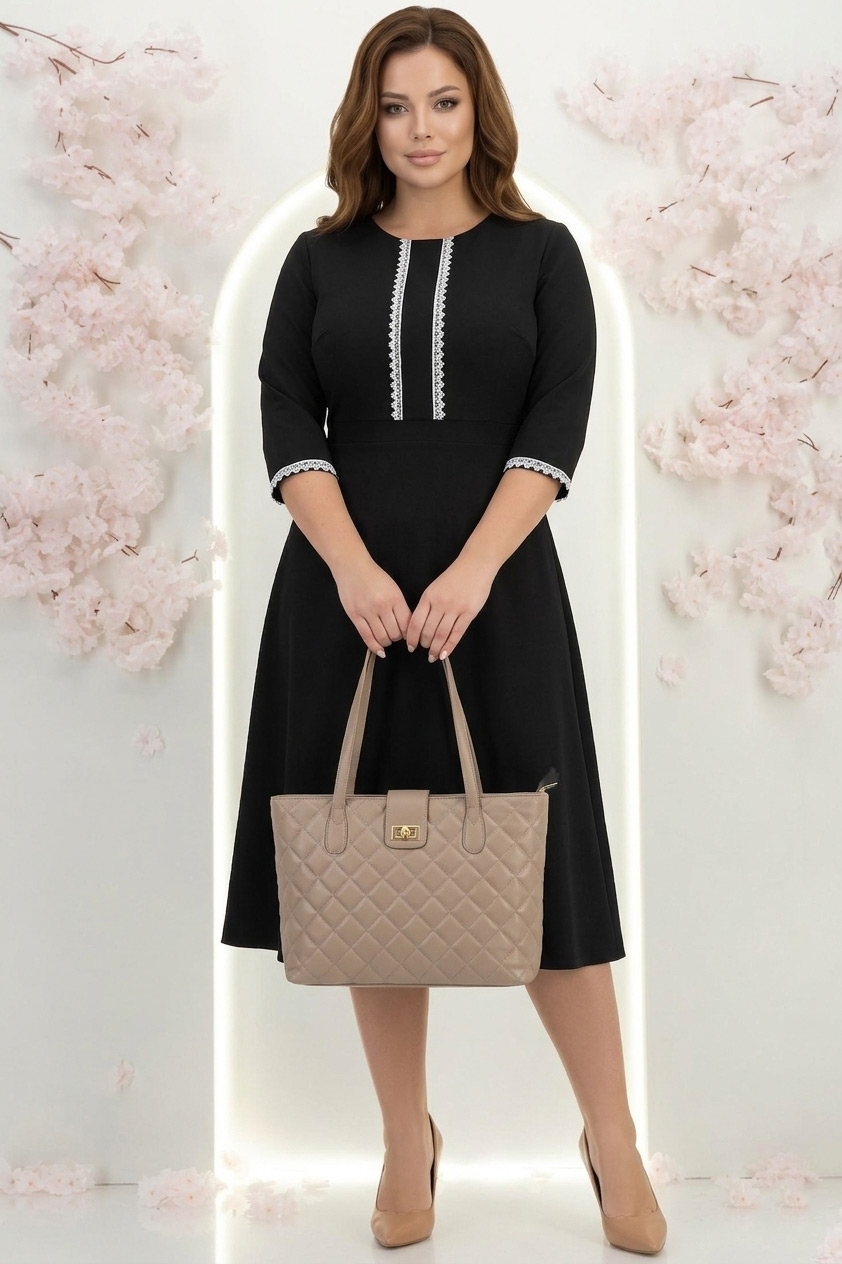 Rochie din stofa neagra midi in clos cu insertii de dantela- StarShinerS 1 - StarShinerS.ro