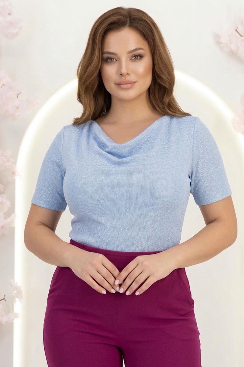 Bluza dama din lurex albastru deschis cu maneca scurta mulata cu decolteu cazut - StarShinerS 1 - StarShinerS.ro