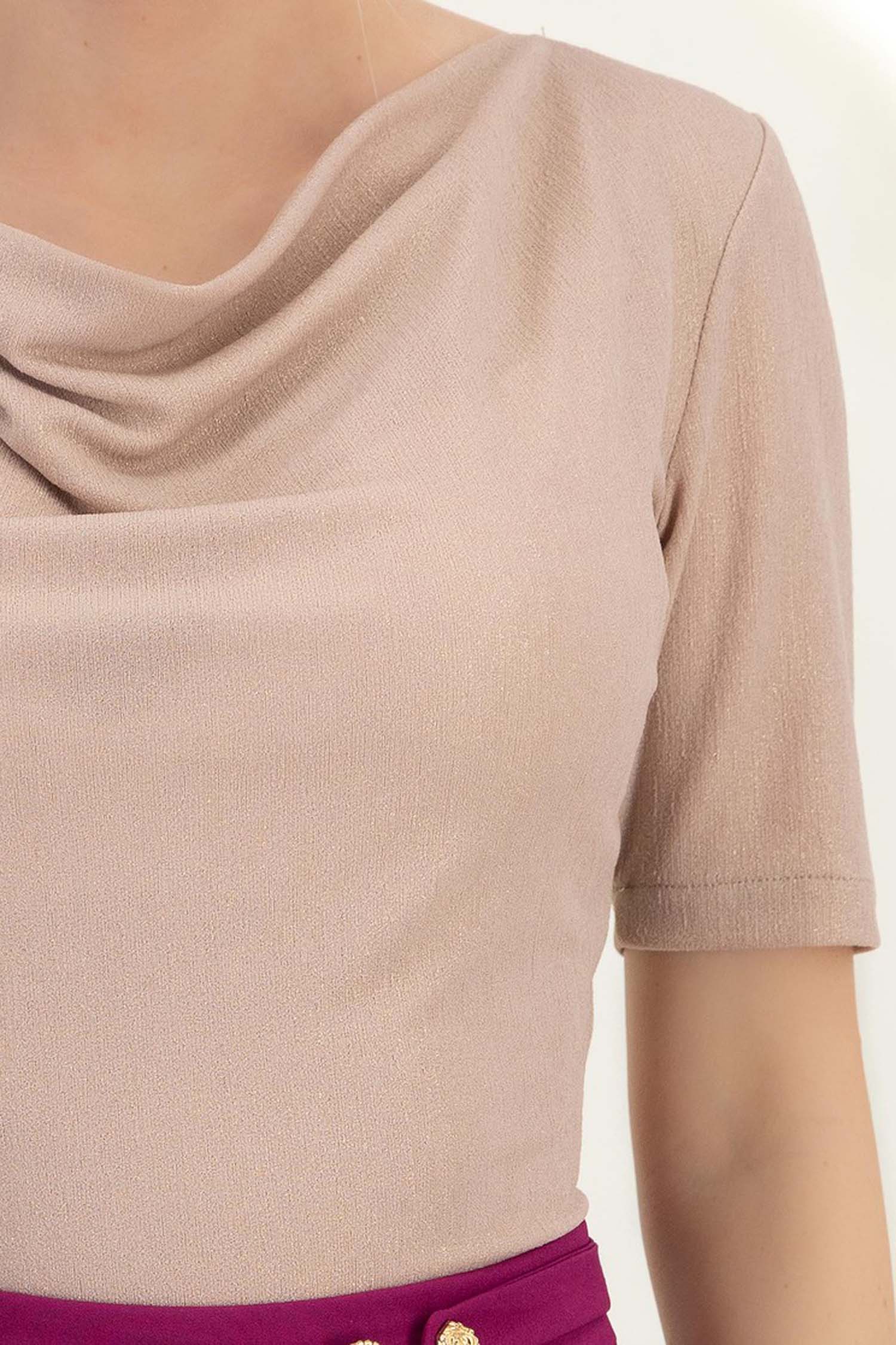 Bluza dama din lurex roz pudra cu maneca scurta mulata cu decolteu cazut - StarShinerS 5 - StarShinerS.ro