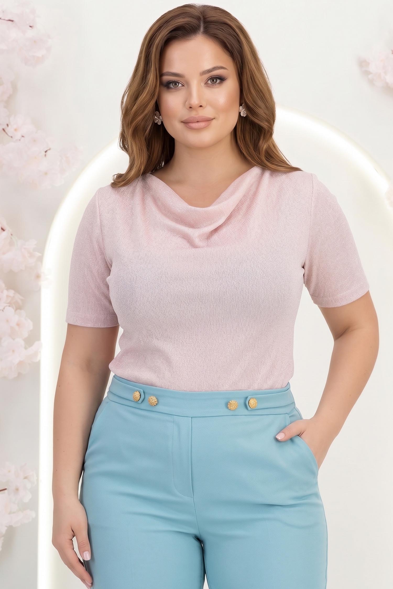Bluza dama din lurex roz deschis cu maneca scurta mulata cu decolteu cazut - StarShinerS 1 - StarShinerS.ro