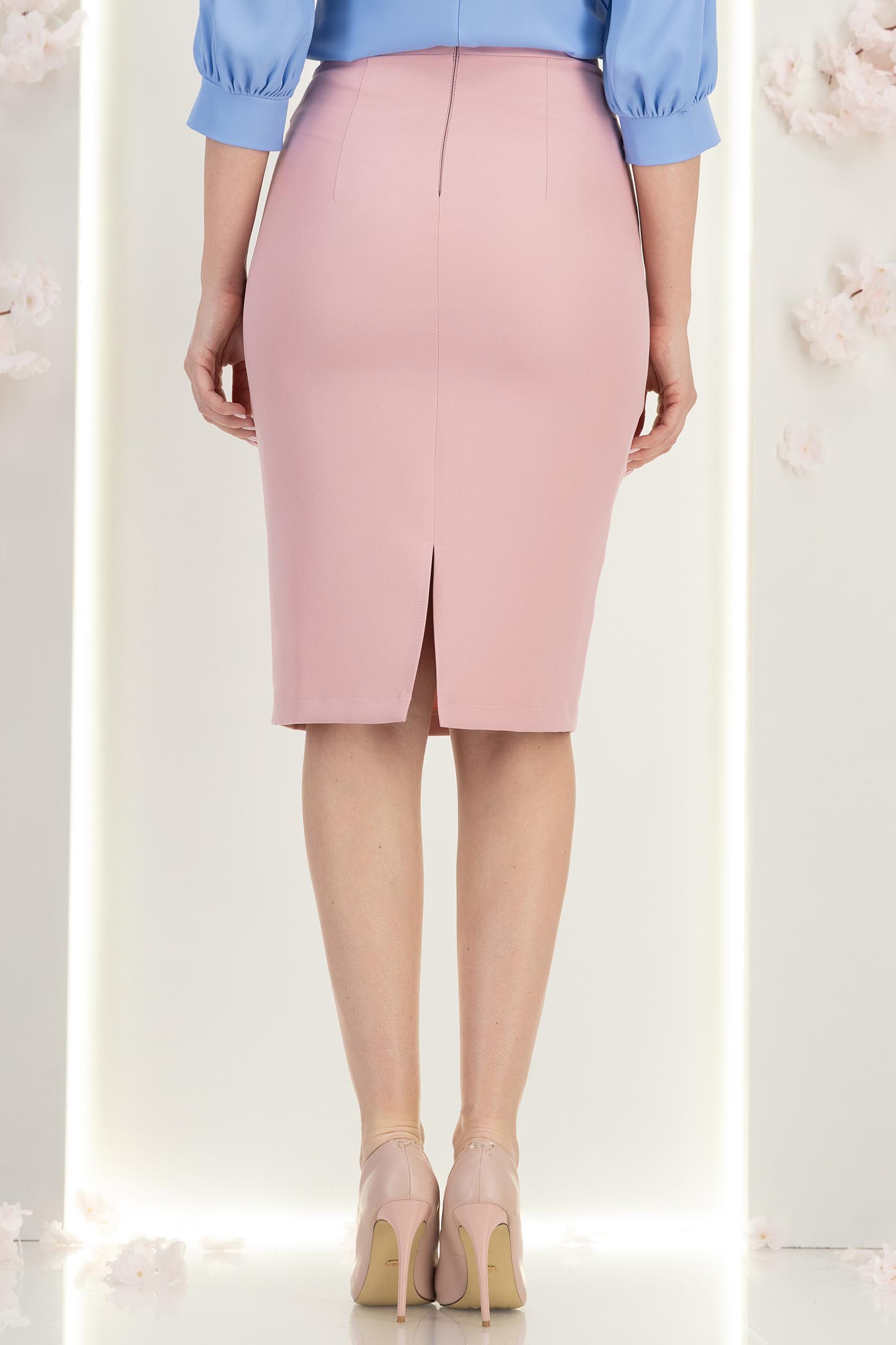 Fusta din stofa roz pudra tip creion cu talie inalta - StarShinerS 4 - StarShinerS.ro