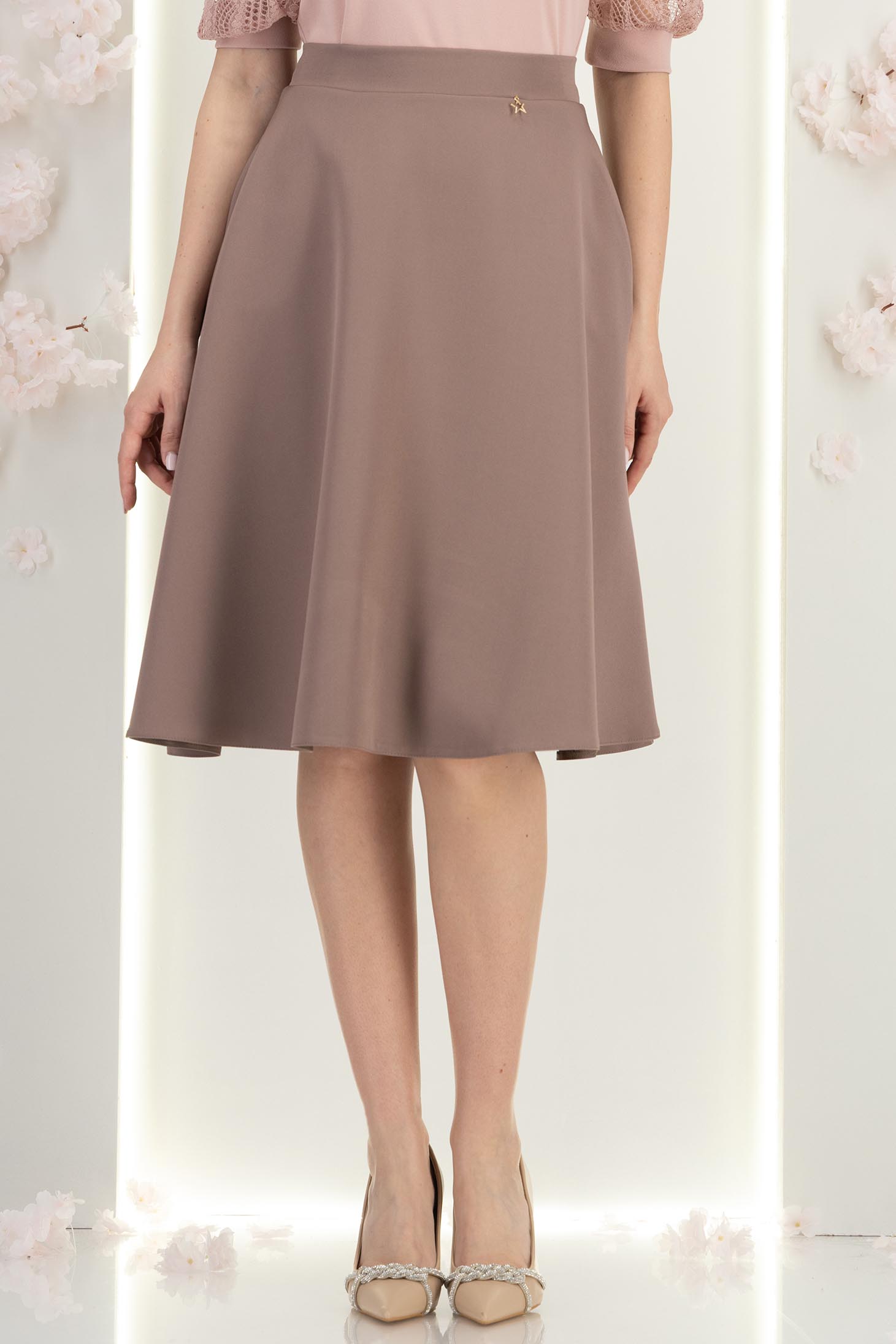 Fusta din stofa mocha midi in clos cu buzunare - StarShinerS 7 - StarShinerS.ro