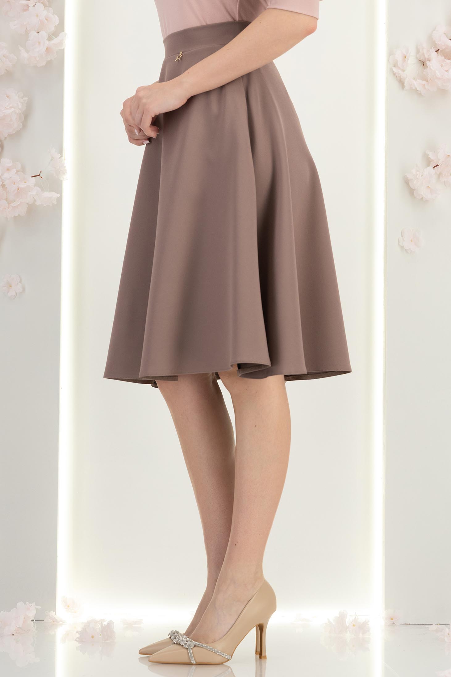 Fusta din stofa mocha midi in clos cu buzunare - StarShinerS 3 - StarShinerS.ro