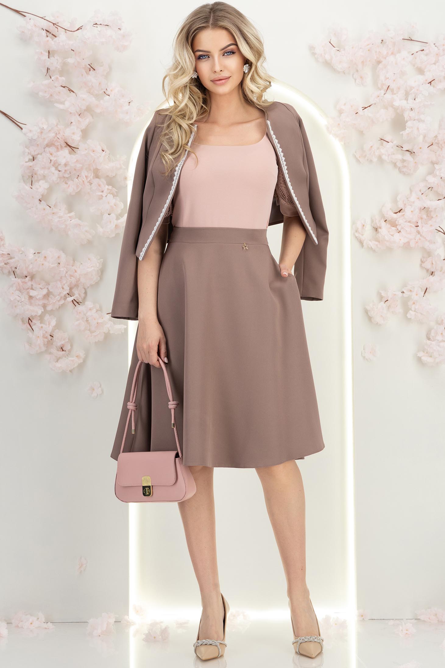 Fusta din stofa mocha midi in clos cu buzunare - StarShinerS 2 - StarShinerS.ro