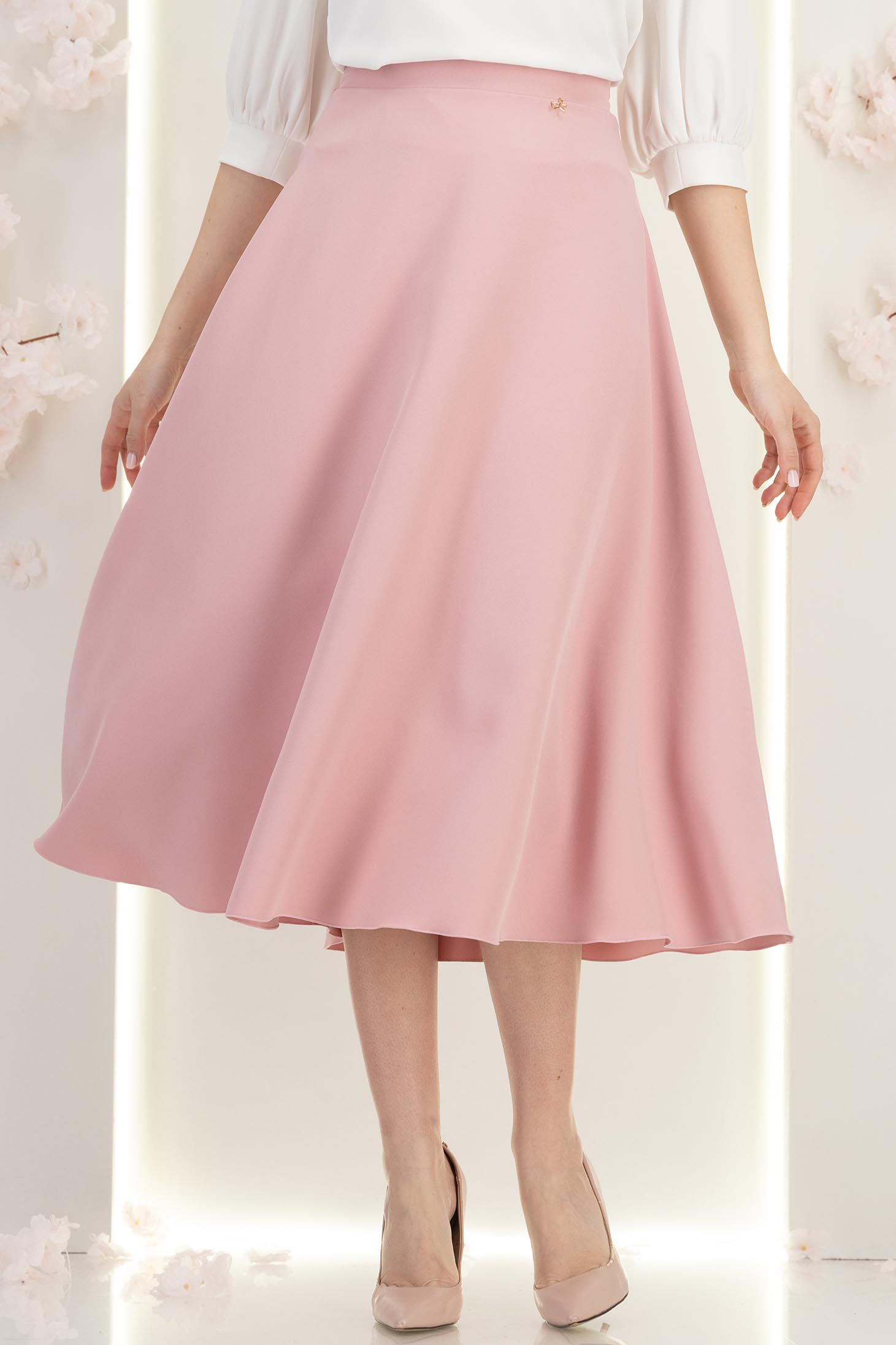 Fusta din stofa roz pudra midi in clos - StarShinerS 4 - StarShinerS.ro