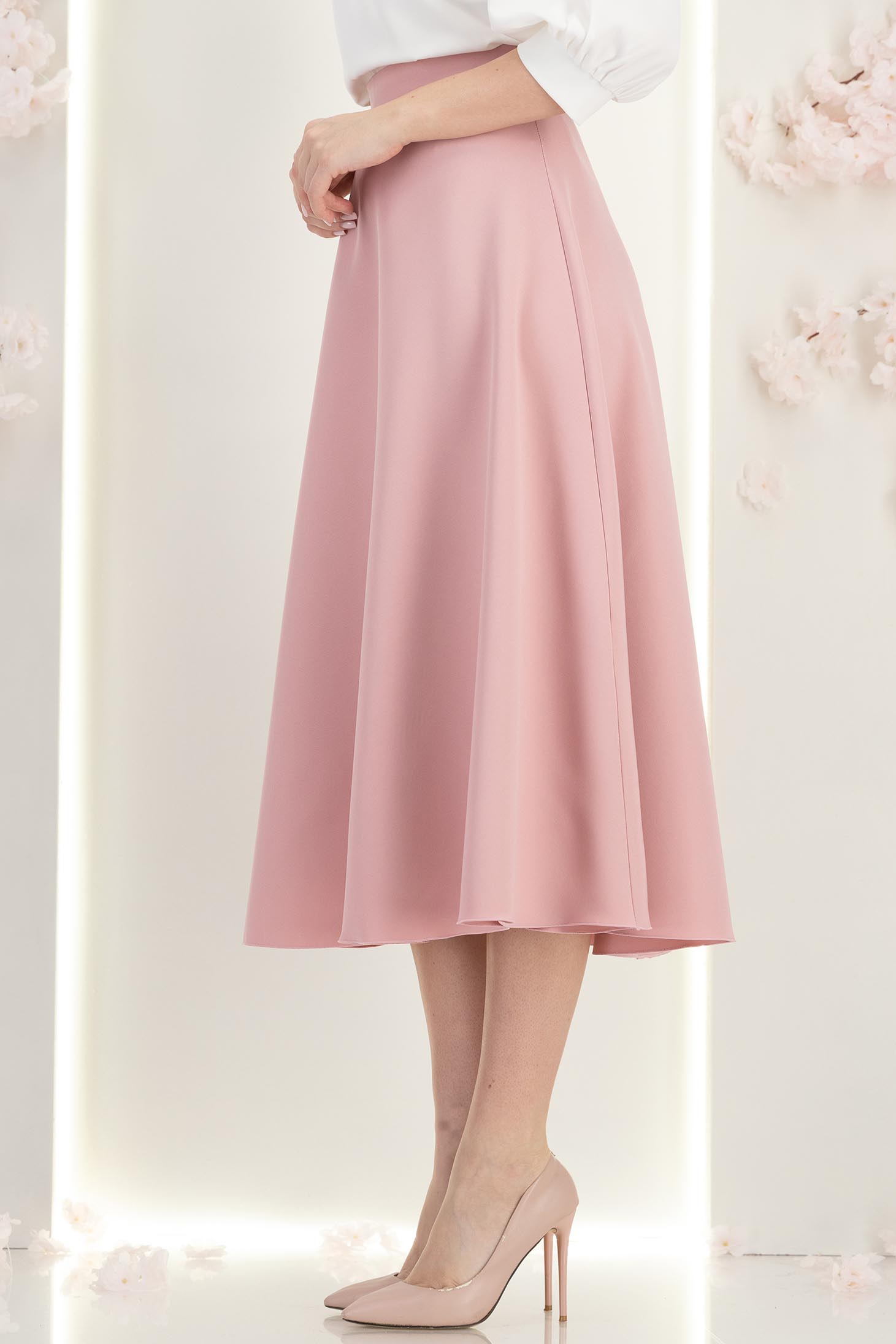 Fusta din stofa roz pudra midi in clos - StarShinerS 3 - StarShinerS.ro