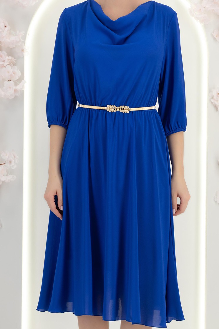 Rochie din voal albastra midi in clos cu elastic in talie si decolteu cazut - StarShinerS 5 - StarShinerS.ro