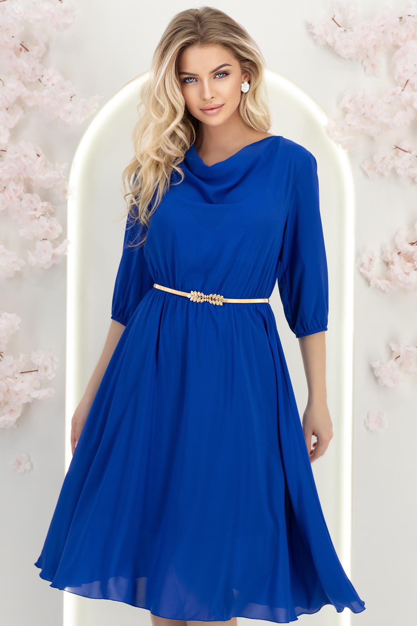 StarShinerS.ro Rochie din voal albastra midi in clos cu elastic in talie si decolteu cazut - StarShinerS