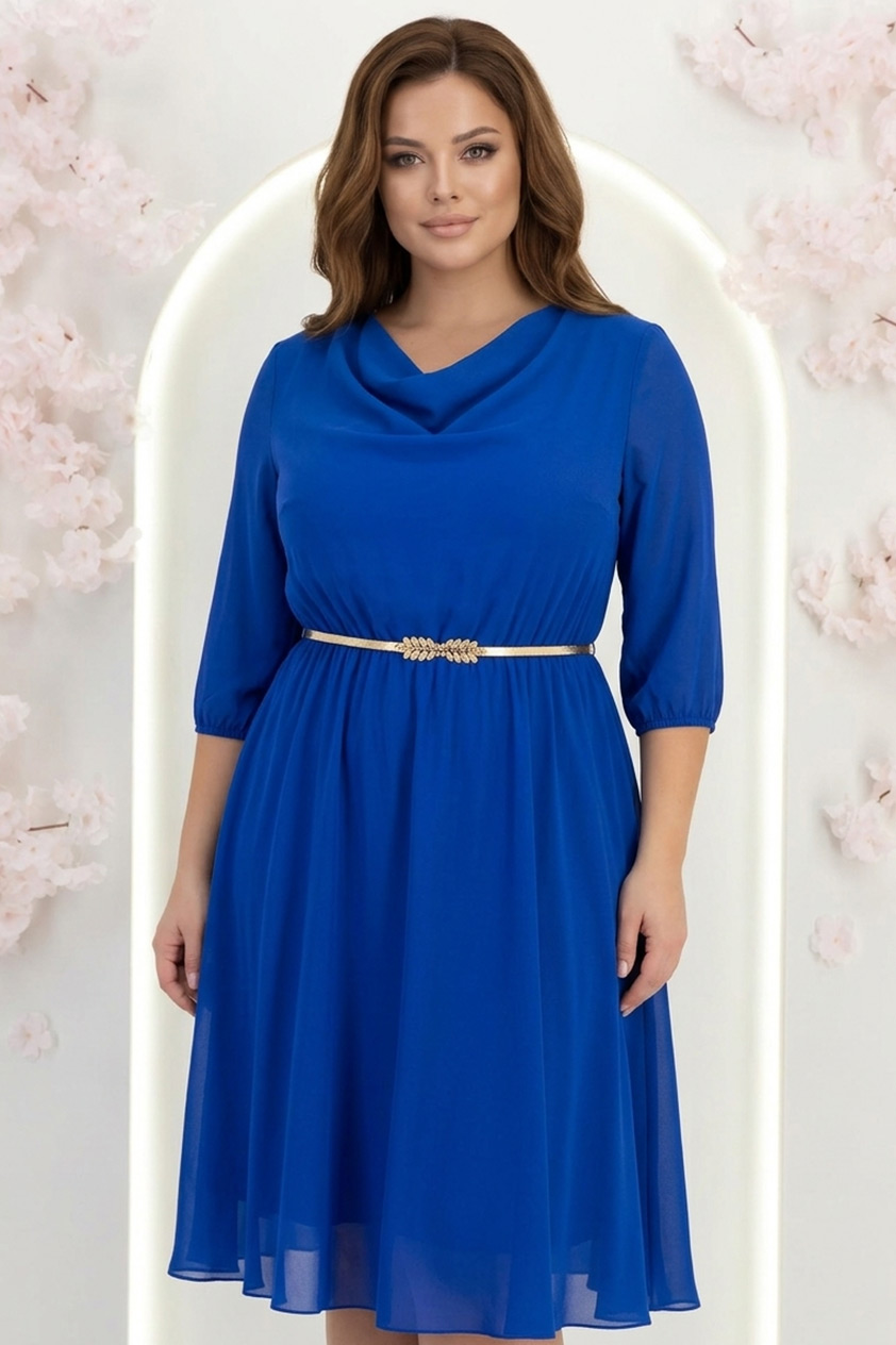 Rochie din voal albastra midi in clos cu elastic in talie si decolteu cazut - StarShinerS 1 - StarShinerS.ro