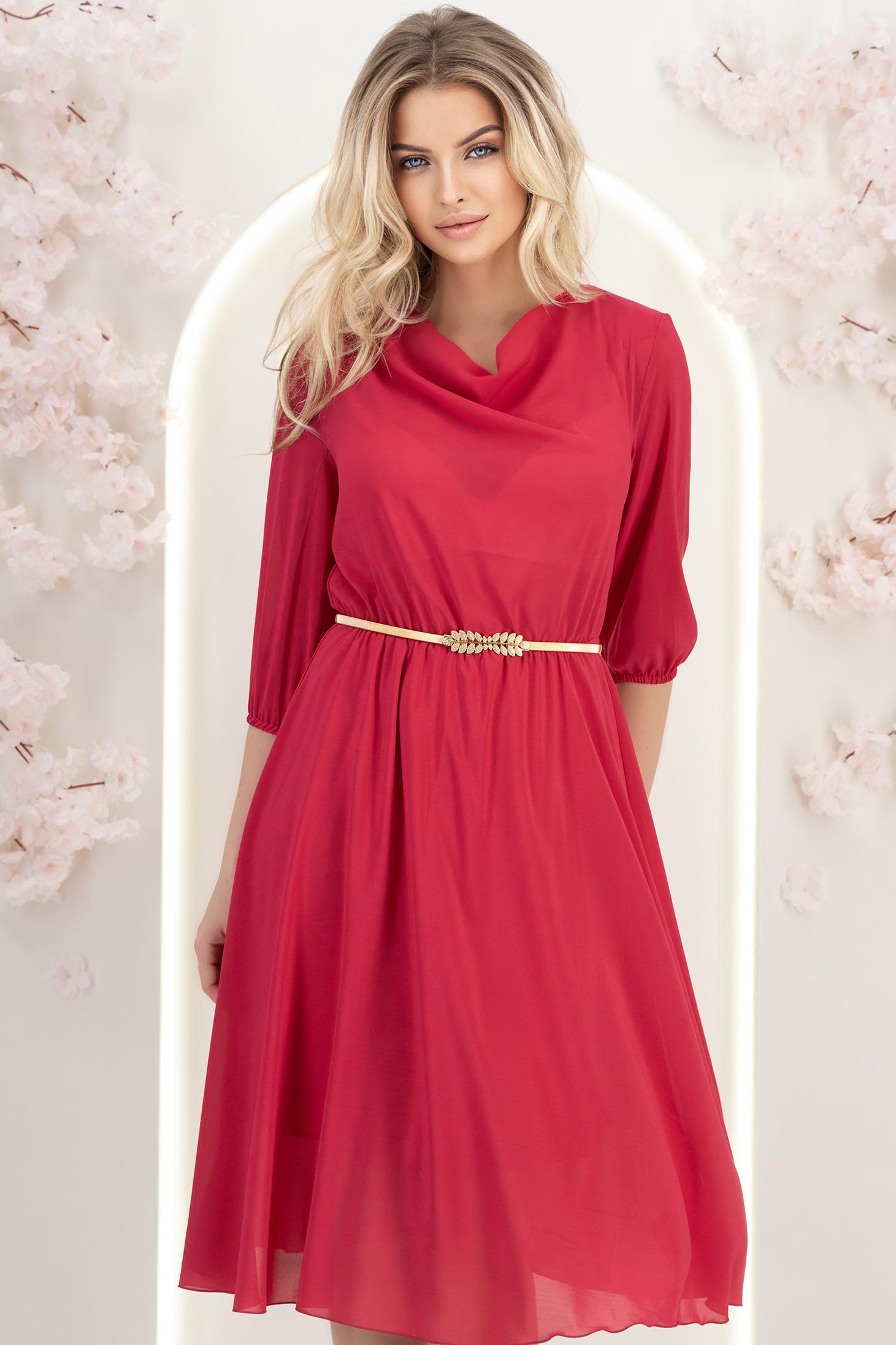 Rochie din voal fuchsia midi in clos cu elastic in talie si decolteu cazut - StarShinerS 3 - StarShinerS.ro