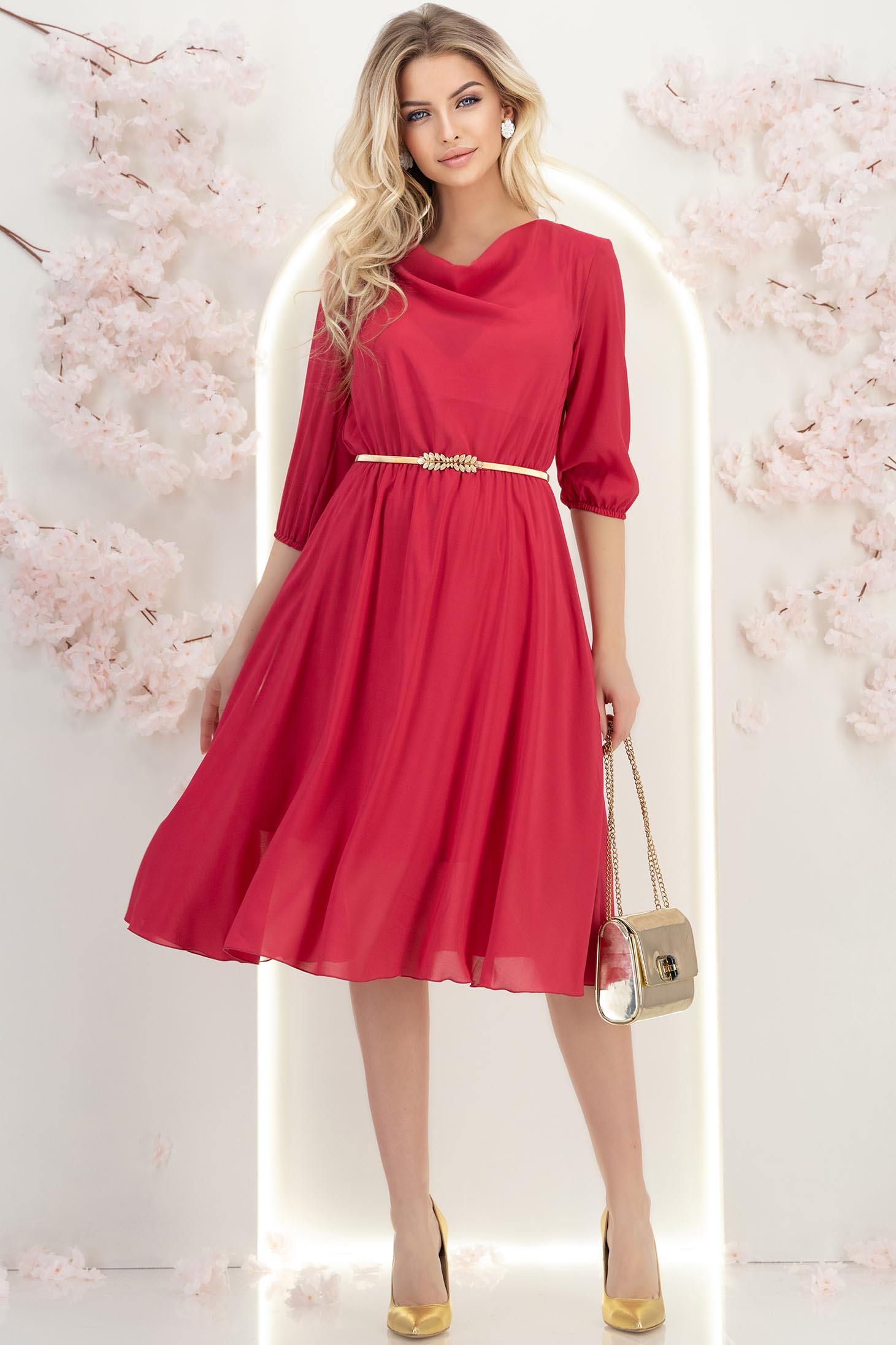 StarShinerS.ro Rochie din voal fuchsia midi in clos cu elastic in talie si decolteu cazut - StarShinerS