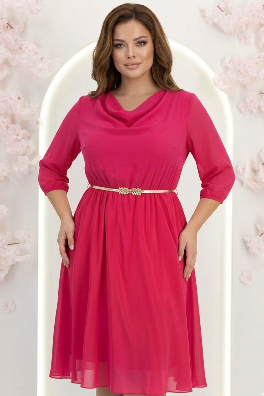 Rochie din voal fuchsia midi in clos cu elastic in talie si decolteu cazut - StarShinerS 1 - StarShinerS.ro