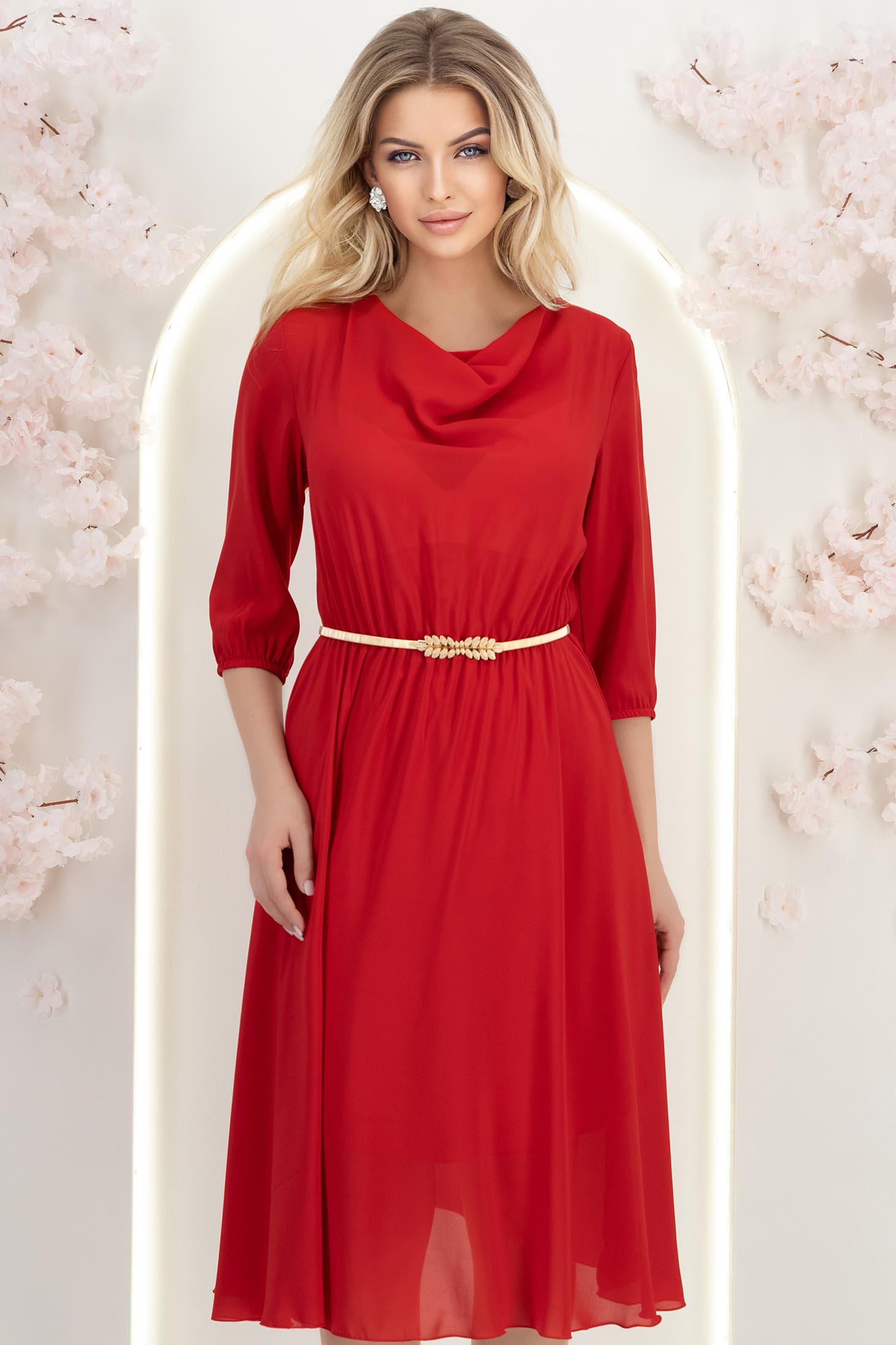 Rochie din voal rosie midi in clos cu elastic in talie si decolteu cazut- StarShinerS 5 - StarShinerS.ro