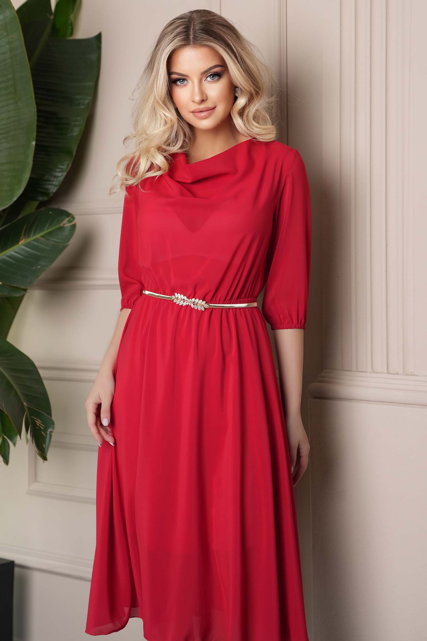 StarShinerS.ro Rochie din voal rosie midi in clos cu elastic in talie si decolteu cazut- StarShinerS
