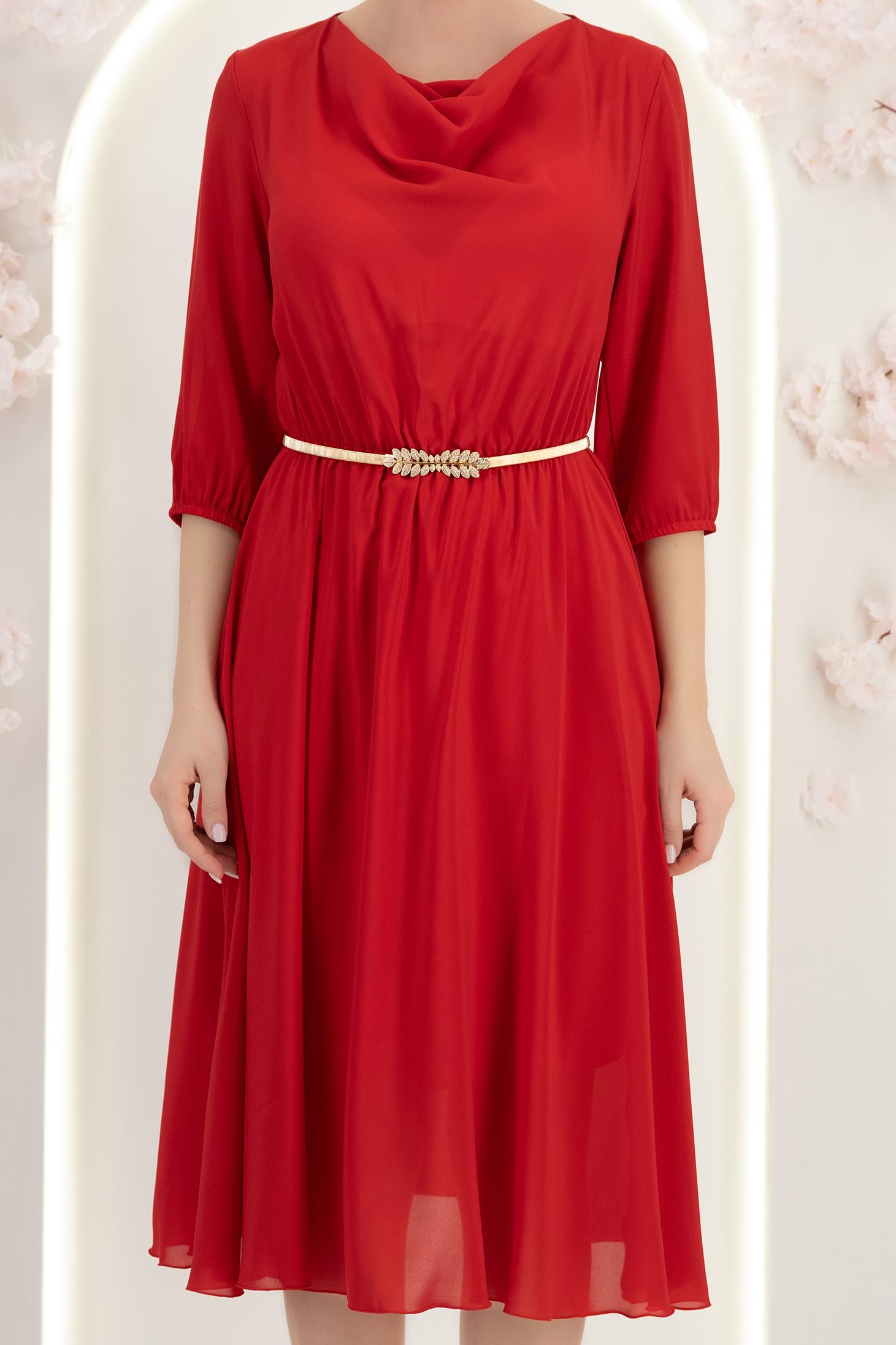 Rochie din voal rosie midi in clos cu elastic in talie si decolteu cazut- StarShinerS 7 - StarShinerS.ro