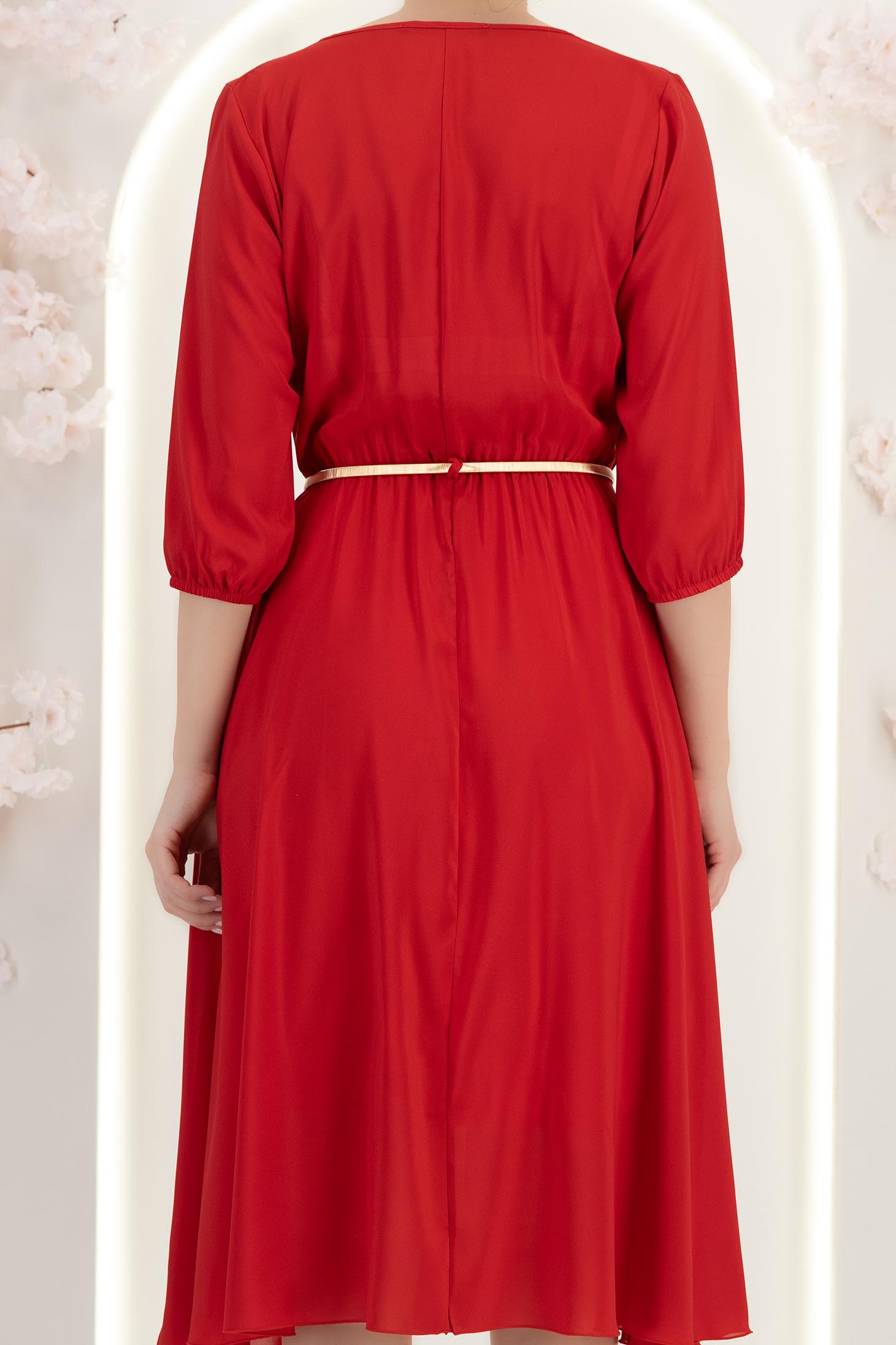 Rochie din voal rosie midi in clos cu elastic in talie si decolteu cazut- StarShinerS 4 - StarShinerS.ro