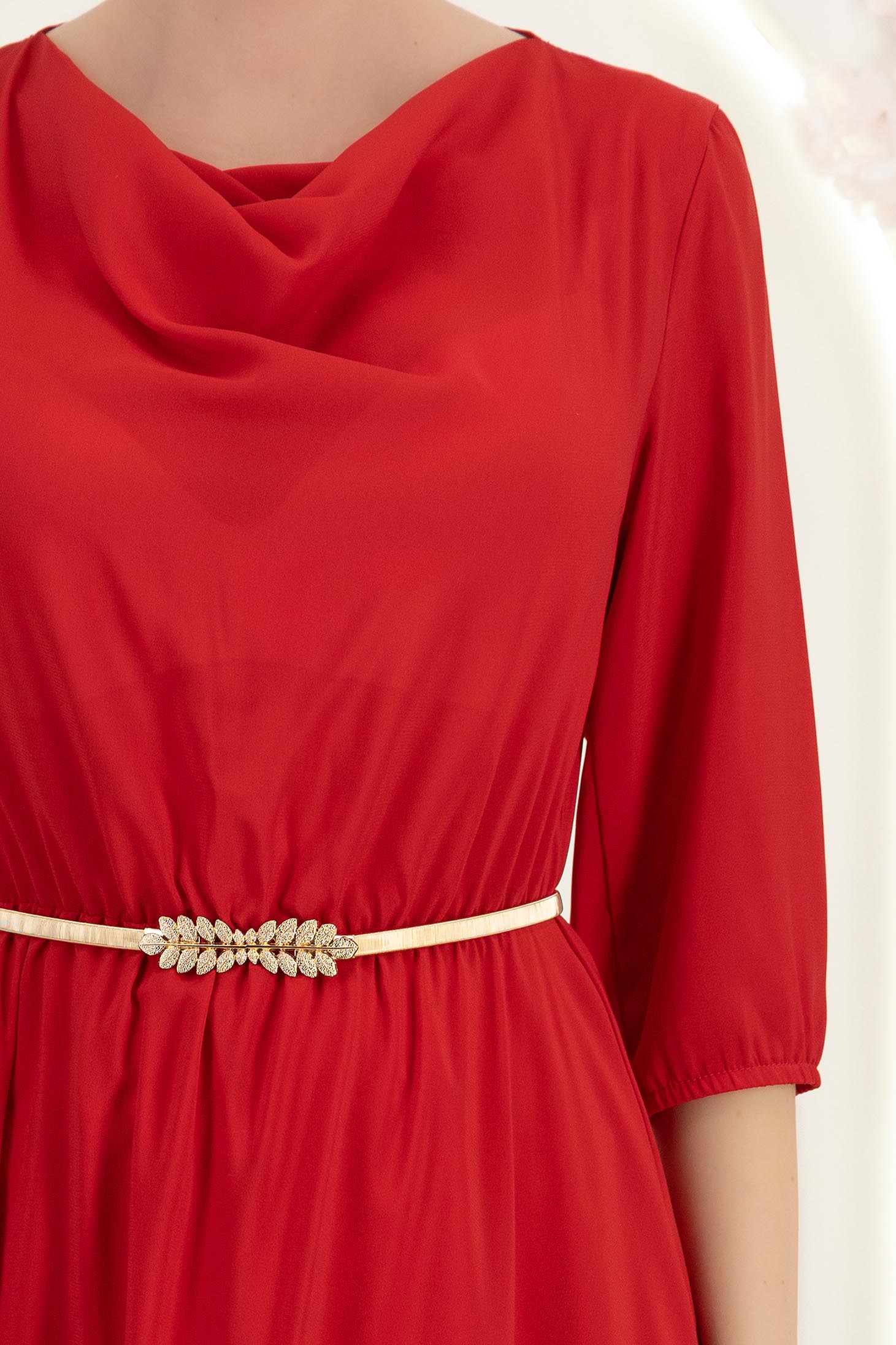 Rochie din voal rosie midi in clos cu elastic in talie si decolteu cazut- StarShinerS 6 - StarShinerS.ro