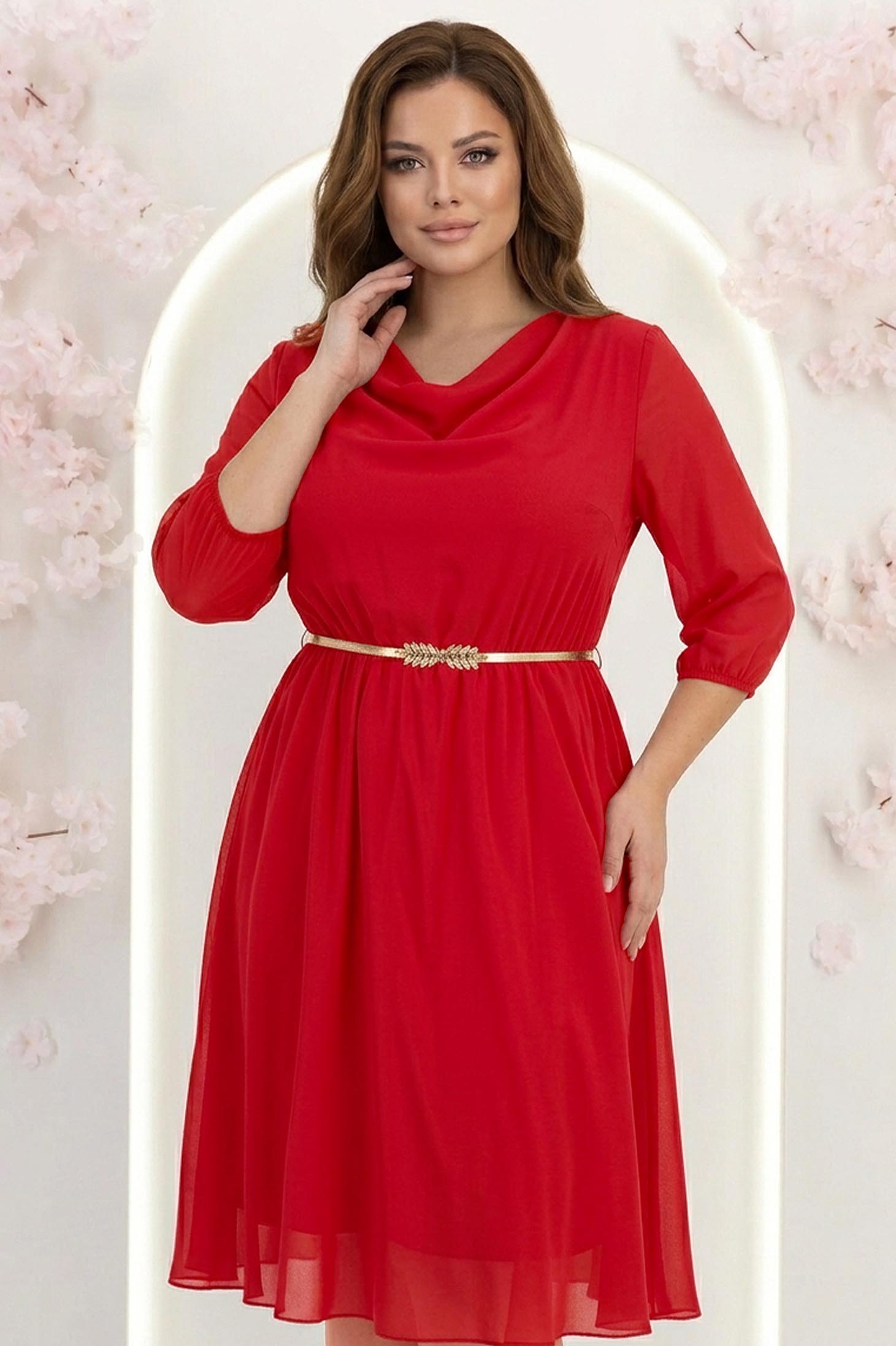 Rochie din voal rosie midi in clos cu elastic in talie si decolteu cazut- StarShinerS 1 - StarShinerS.ro