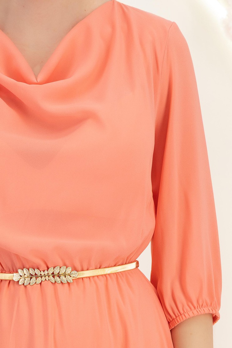 Rochie din voal corai midi in clos cu elastic in talie si decolteu cazut- StarShinerS 4 - StarShinerS.ro